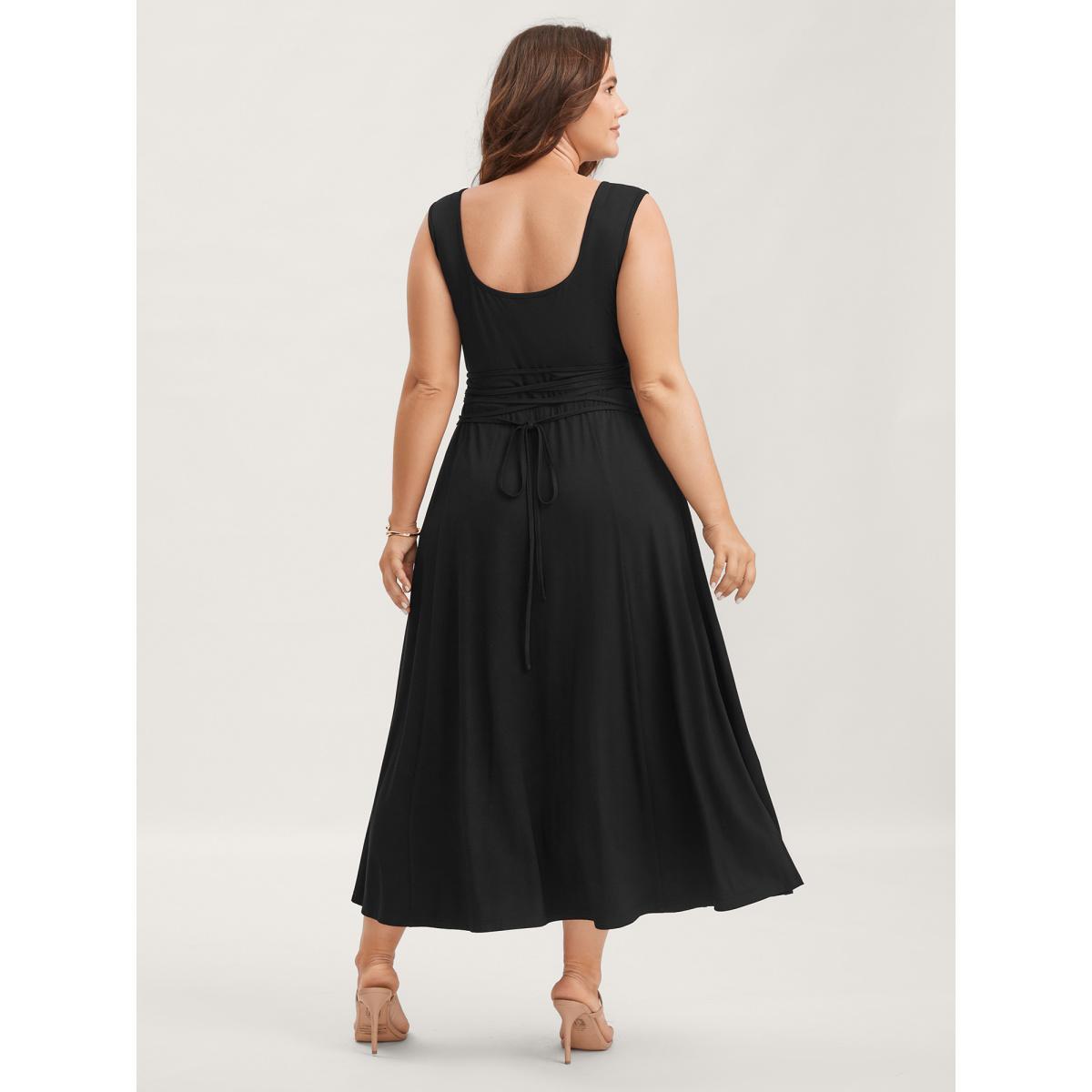 Plus Size Sheer Back-Tie Plunging Neck Midi Dress Black Women U-neck Sleeveless Curvy BloomChic 18-20/2X Product Image