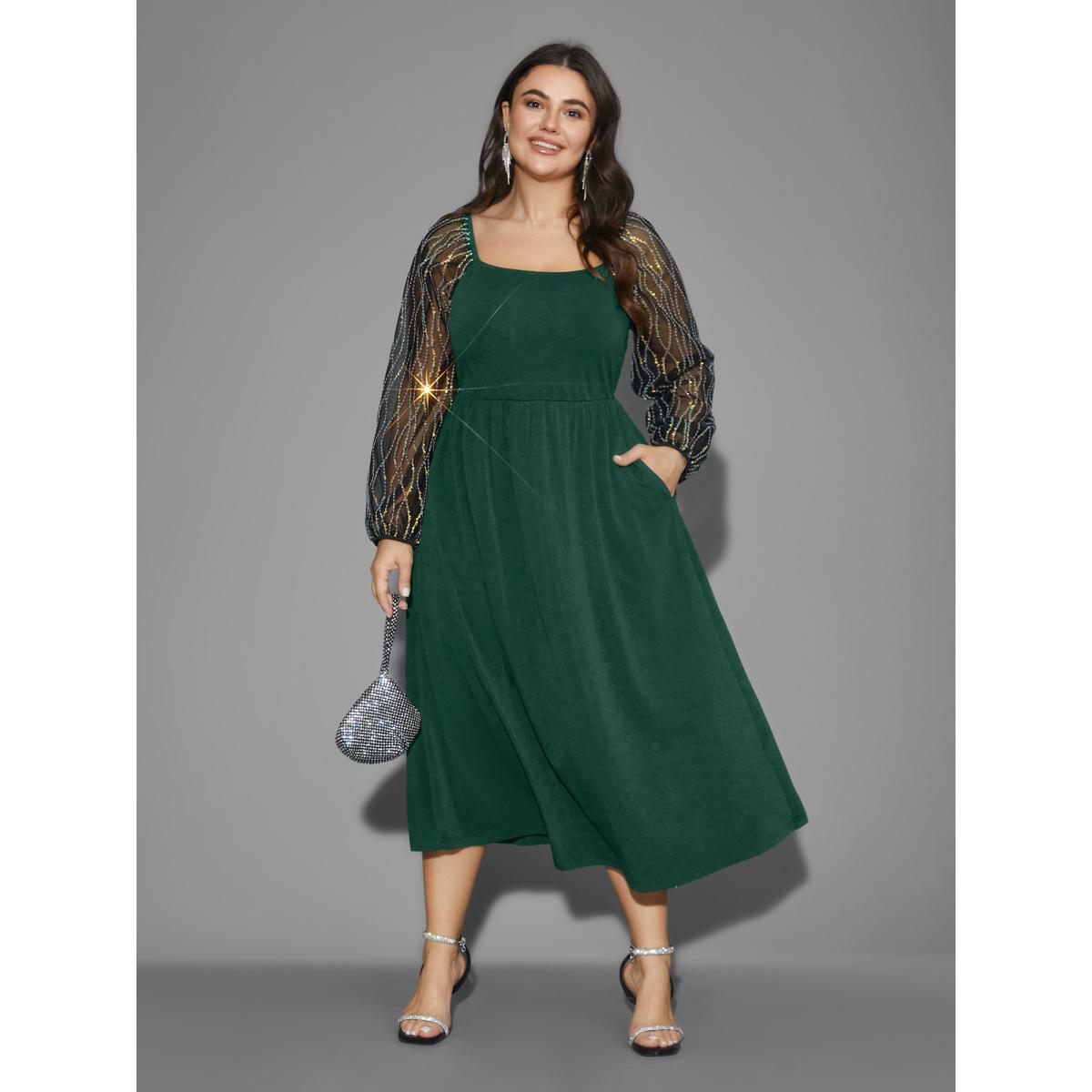 Plus Size Square Neck Patchwork Sequin Mesh Dress DarkGreen Women Cocktail Texture Party Curvy Bloomchic 10/M Product Image