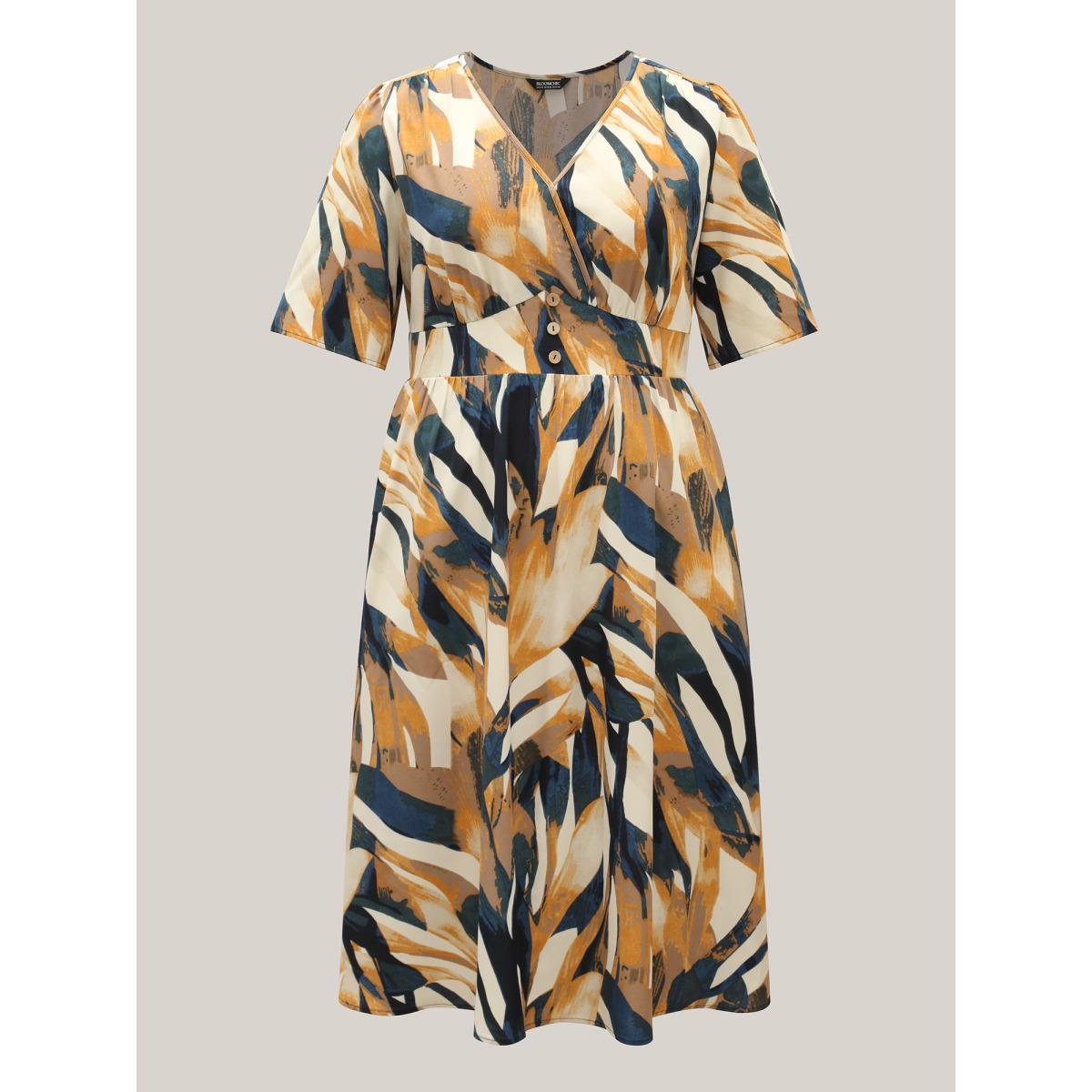 Plus Size Abstract Print Triangular Waist Midi Dress Multicolor Women Button Overlap Collar Short sleeve Curvy BloomChic 22-24/3X Product Image