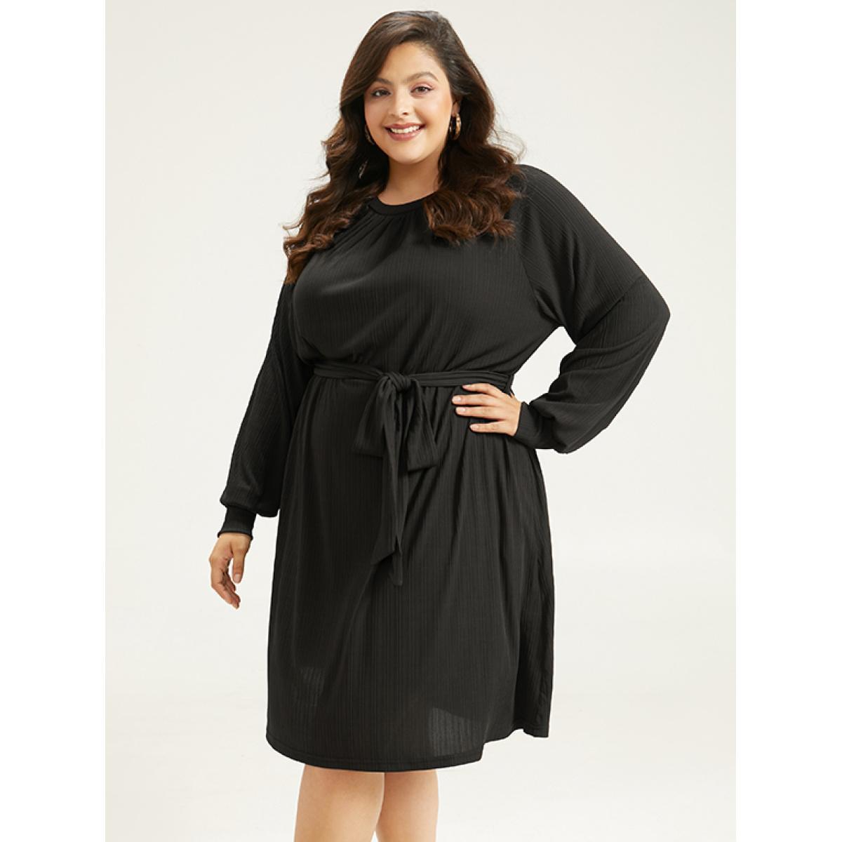 Plus Size Rib Knit Solid Pocket Pleated Belted Dress Black Women Casual Plain Round Neck Long Sleeve Curvy Midi Dress BloomChic 10/M Product Image