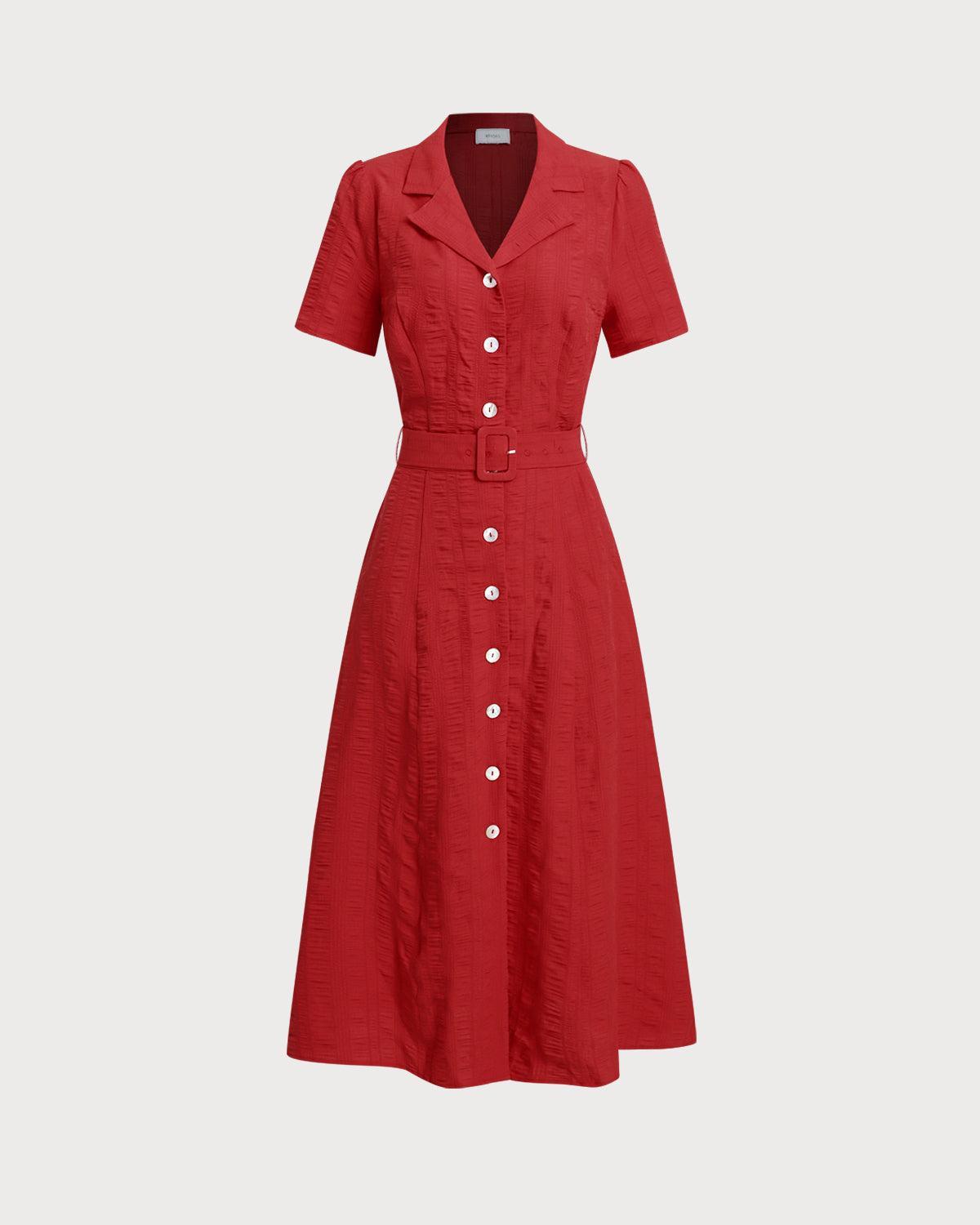 Red Belted A-Line Midi Dress Product Image