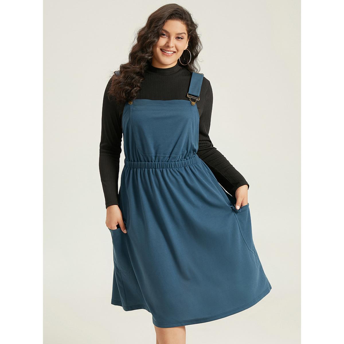 Plus Size Solid Adjustable Straps Elastic Waist Dress Indigo Women Casual Adjustable Straps Spaghetti Strap Sleeveless Curvy Midi Dress BloomChic 14-16/1X Product Image