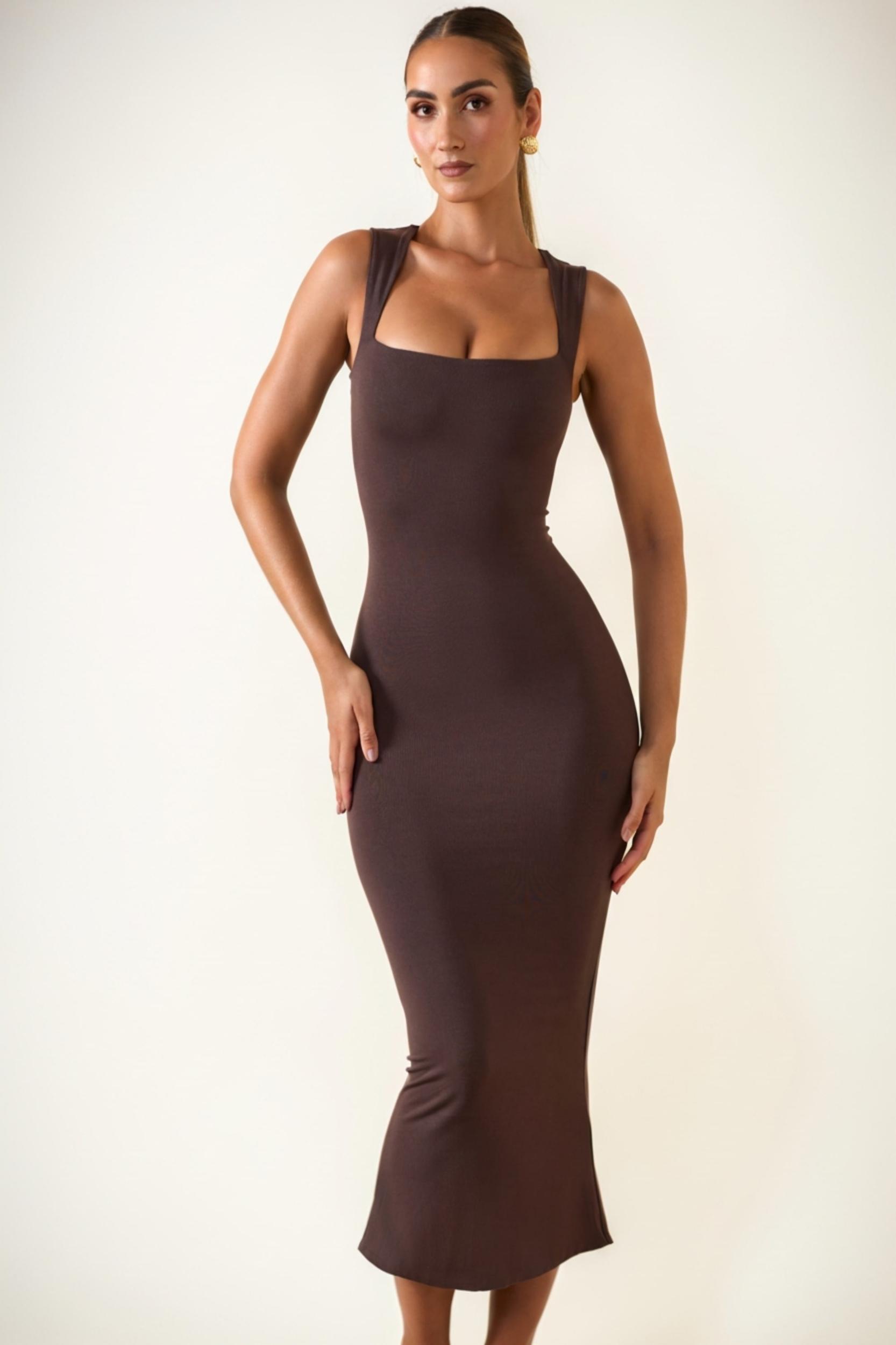 Square Neck Midi Dress in Chocolate Brown Product Image