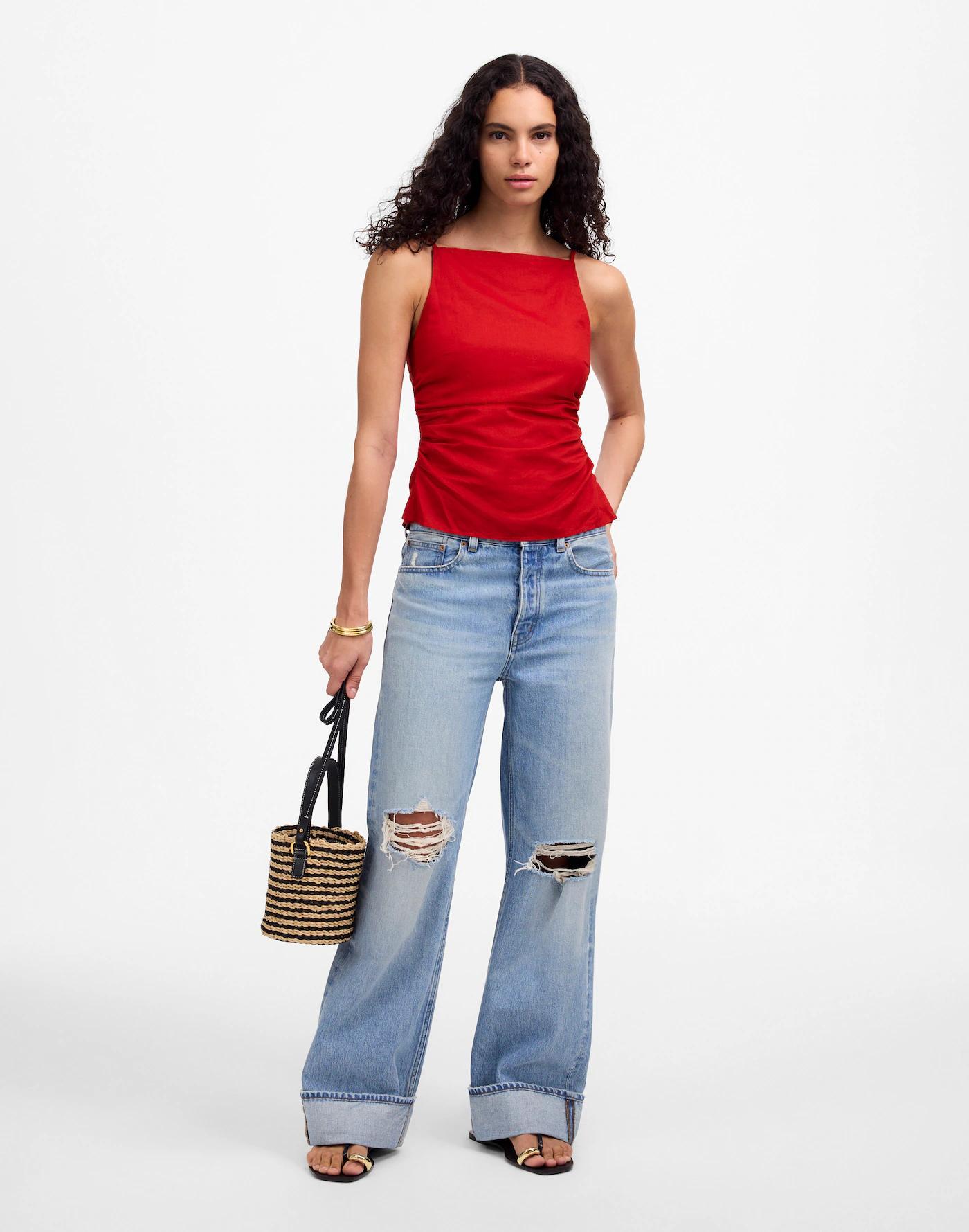 Ruched Squareneck Tank in Linen-Cotton Product Image