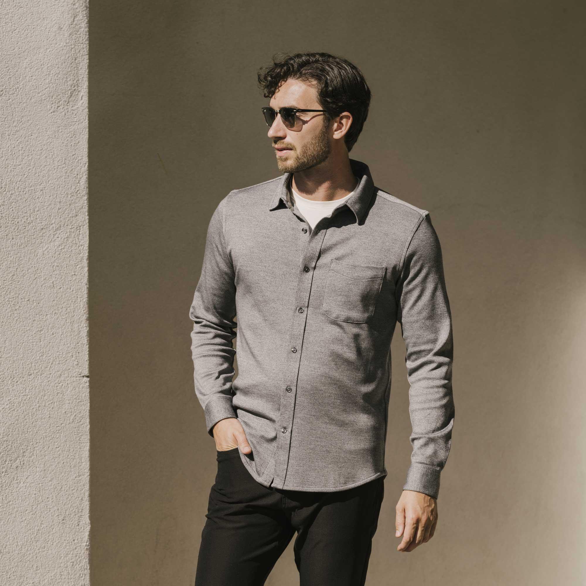 Merino Wool Interlock Button-Down | Charcoal Heather Product Image