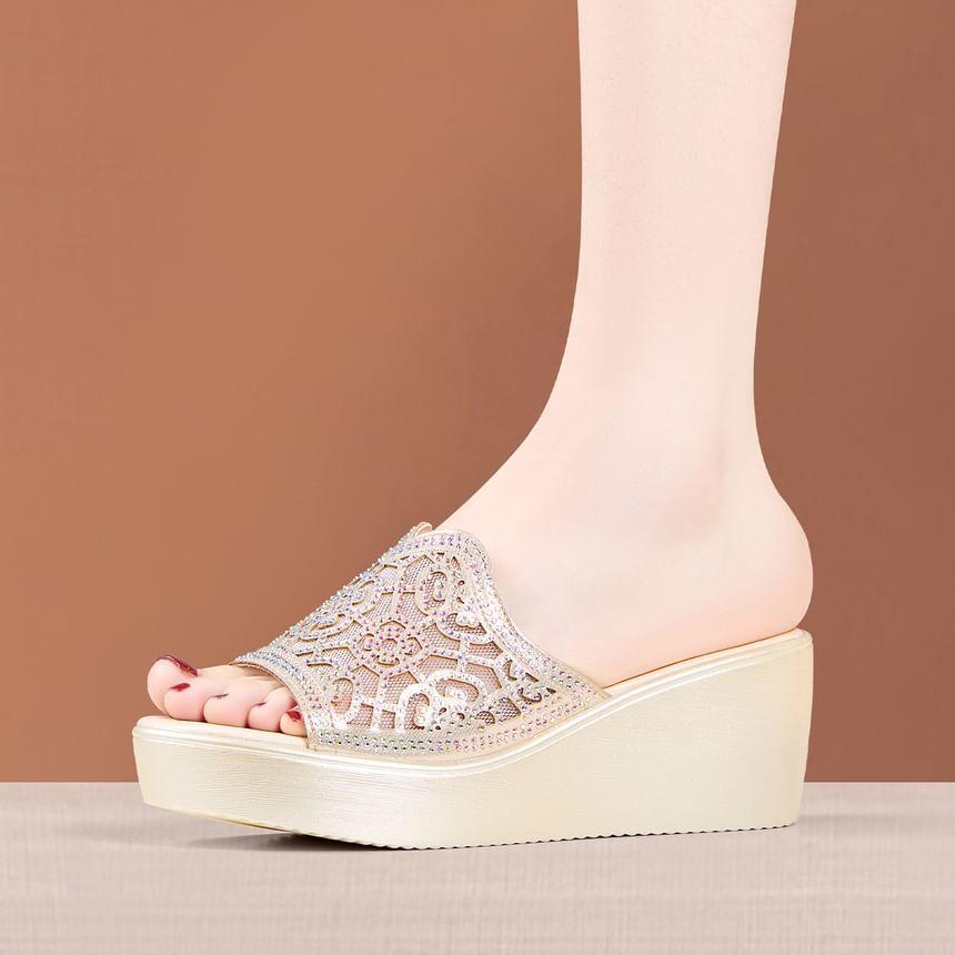 Platform Rhinestone Cutout Slide Sandals Product Image