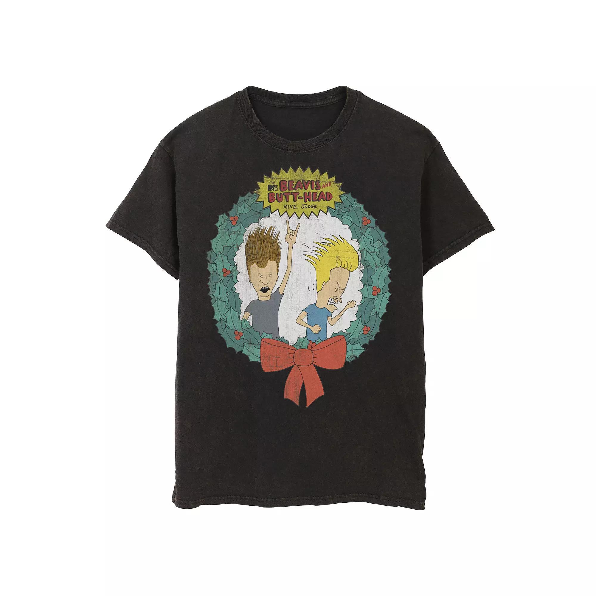 Men's Cartoon Network Beavis and Butthead Christmas Wreath Tee, Size: XL, Black Product Image