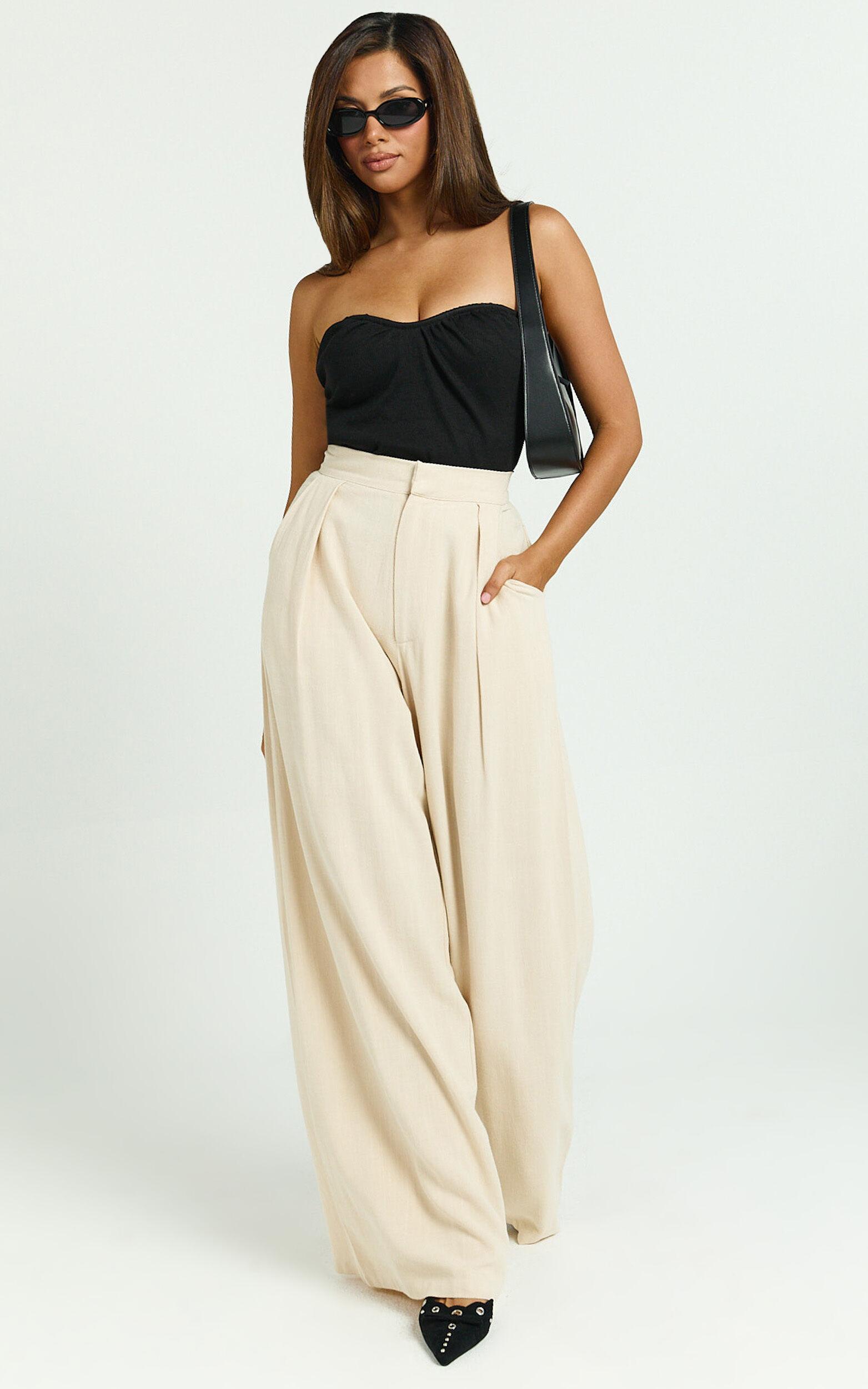 Hermione Linen Pants - High Waist Wide Leg Pleated Palazzo Pants in Natural Product Image