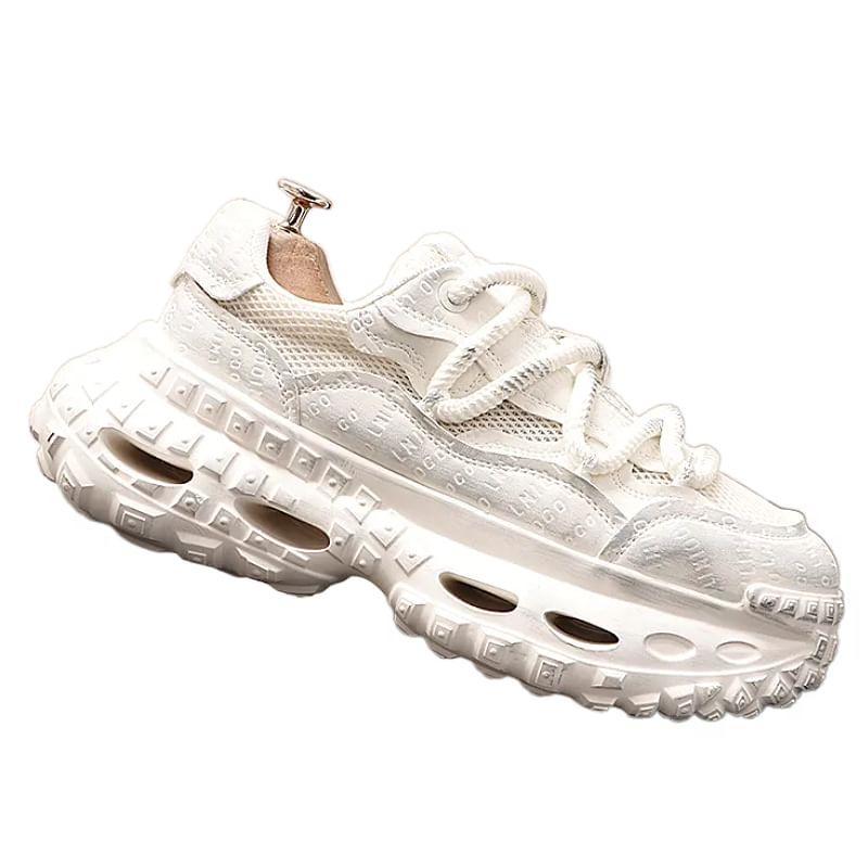 Platform Lettering Debossed Mesh Panel Lace-Up Sneakers Product Image