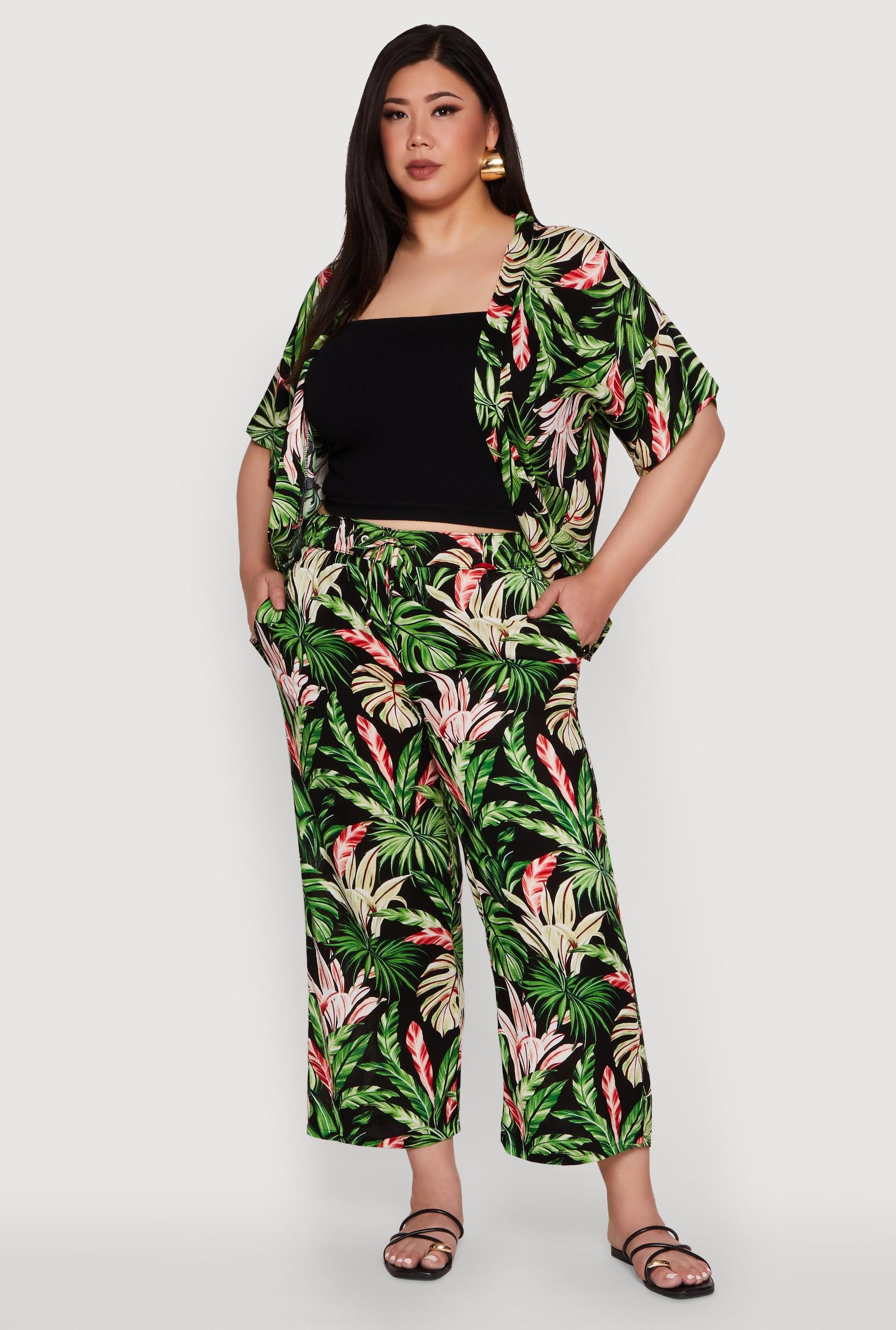 Womens Plus Size Tropical Leaf Print High Waisted Palazzo Pants Product Image