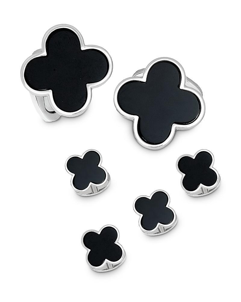 Mens Clover Rhodium-Plated Black Onyx 6-Piece Cufflinks & Shirt Stud Set Product Image