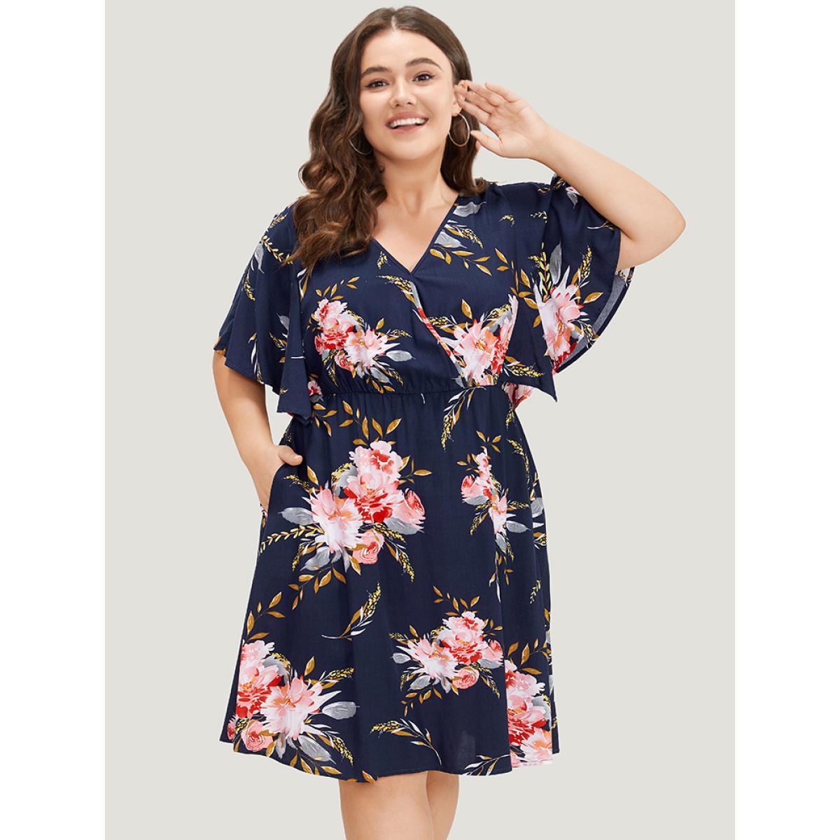 Plus Size Floral Print Surplice Neck Pocket Ruffle Sleeve Dress DarkBlue Women Elegant Gathered V-neck Half Sleeve Curvy Knee Dress BloomChic 30/6X Product Image