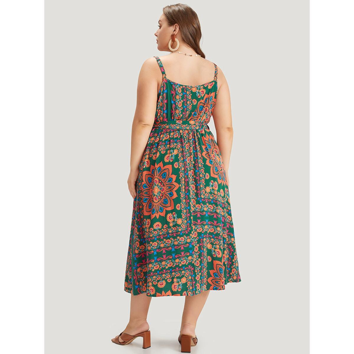 Plus Size Boho Print Belted Split Hem Pocket Cami Dress DarkGreen Women Vacation Gathered V-neck Sleeveless Curvy Midi Dress BloomChic 14-16/1X Product Image