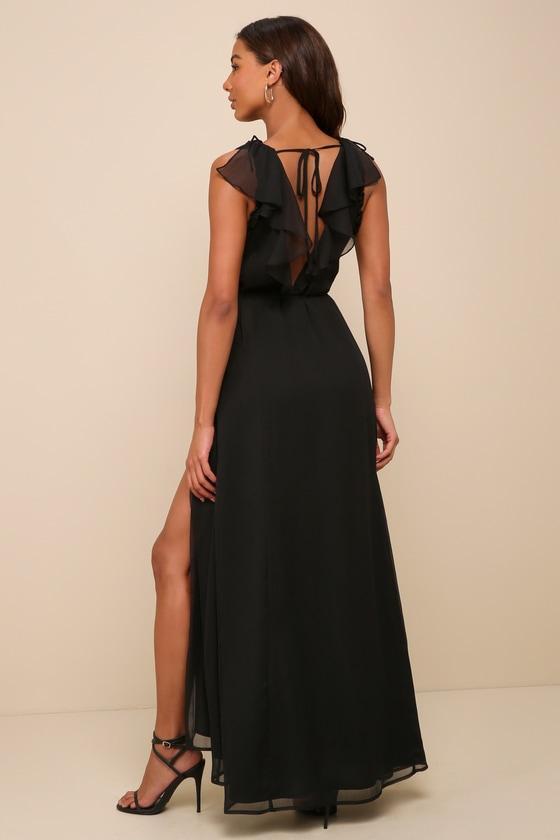Adorable Elegance Black Chiffon Ruffled Backless Wrap Maxi Dress Product Image