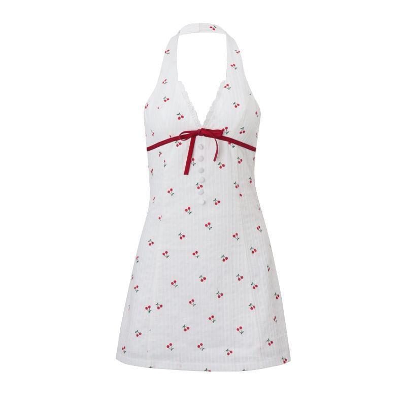 Sleeveless V-Neck Cherry Print Bow Accent Slim-Fit Mini A-Line Dress Product Image