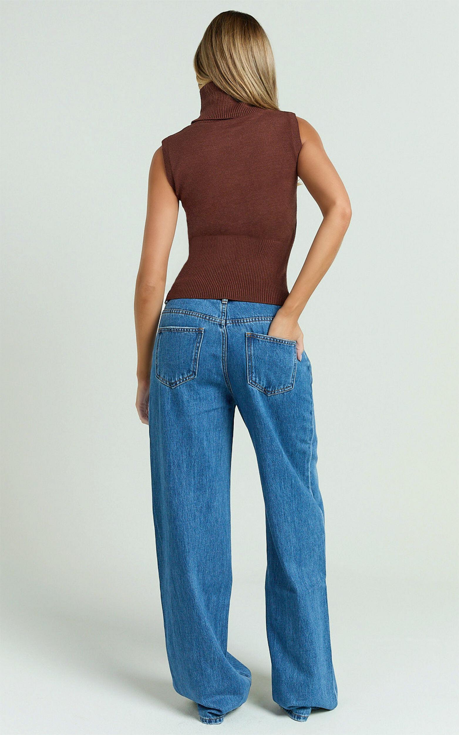 Aveline Top - Sleeveless Roll Neck Knitted Top in Chocolate Product Image