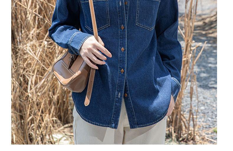 Long-Sleeve Washed Button-Up Denim Shirt Product Image