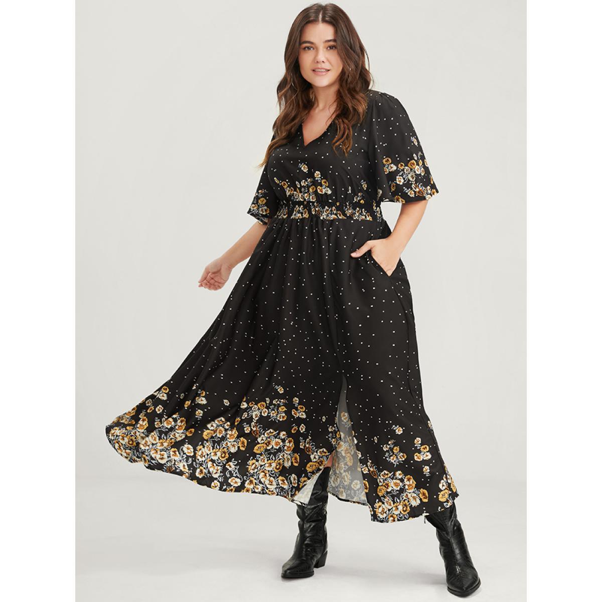 Plus Size Floral Pocket Split Hem Flutter Shirred Maxi Dress Black Women Casual Printed V-neck Half Sleeve Curvy Midi Dress BloomChic 10/M Product Image