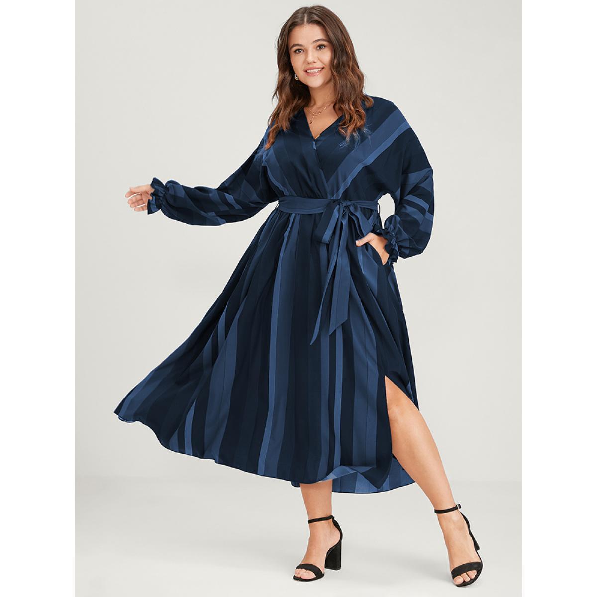 Plus Size Striped Pocket Dolman Sleeve Wrap Button Flutter Belted Split Dress DarkBlue Women Vacation Cross straps V-neck Long Sleeve Curvy Long Dress BloomChic 26/4X Product Image