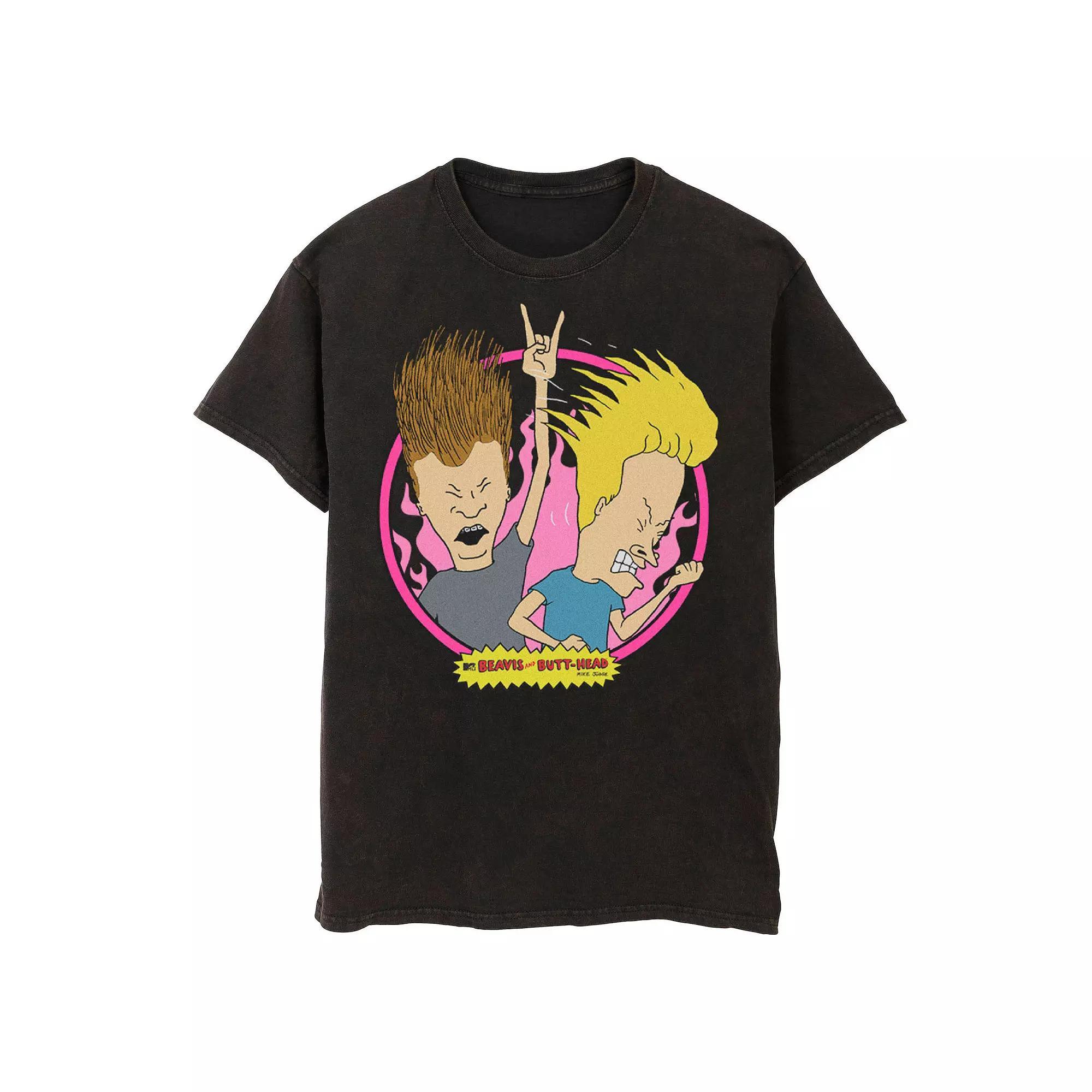 Men's Beavis And Butt-Head Flaming Background Badge Wash Graphic Tee,  Product Image