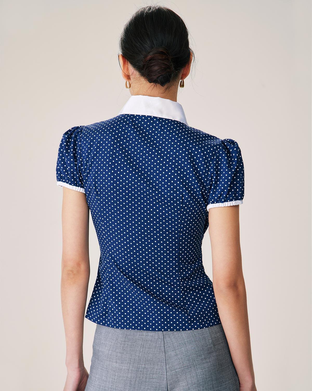 Blue Polka Dot Puffed Sleeve Blouse Product Image