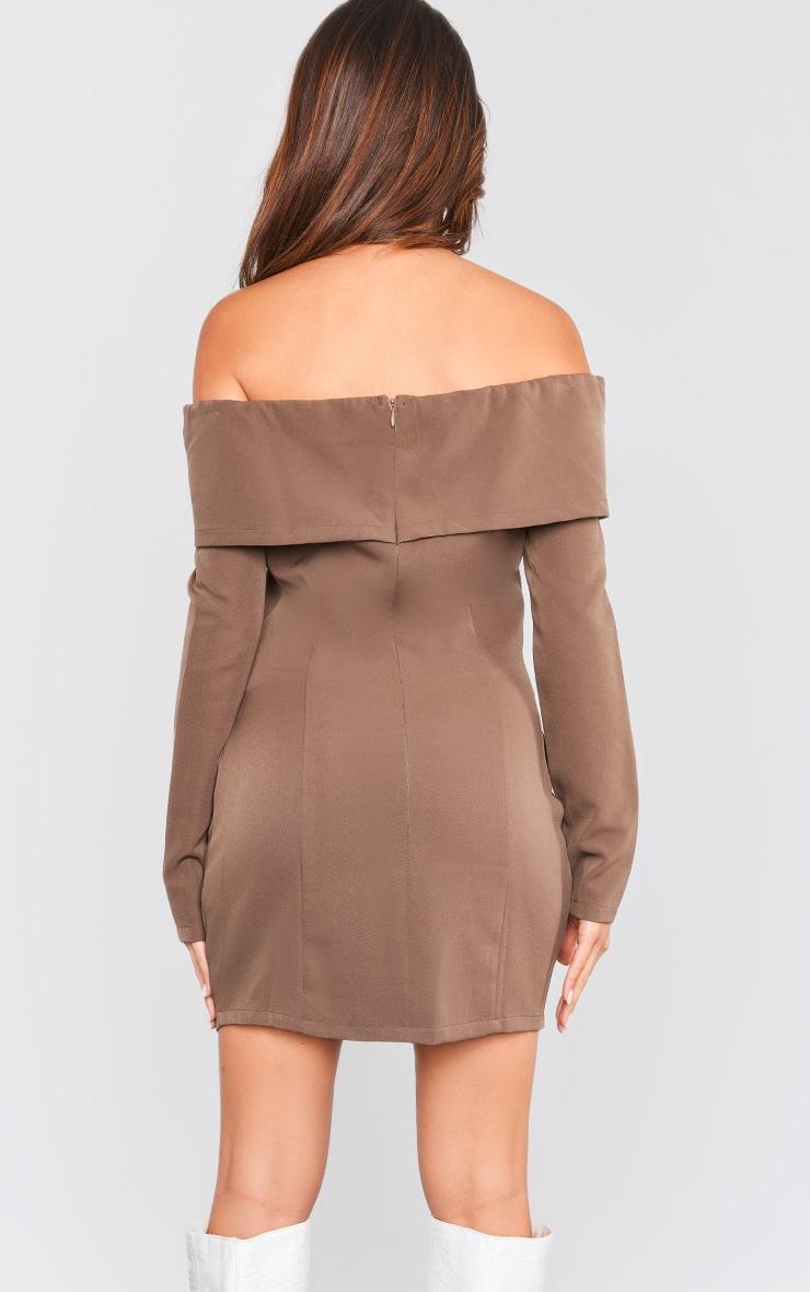 Chocolate Off Shoulder Button Front Shift Blazer Dress Product Image