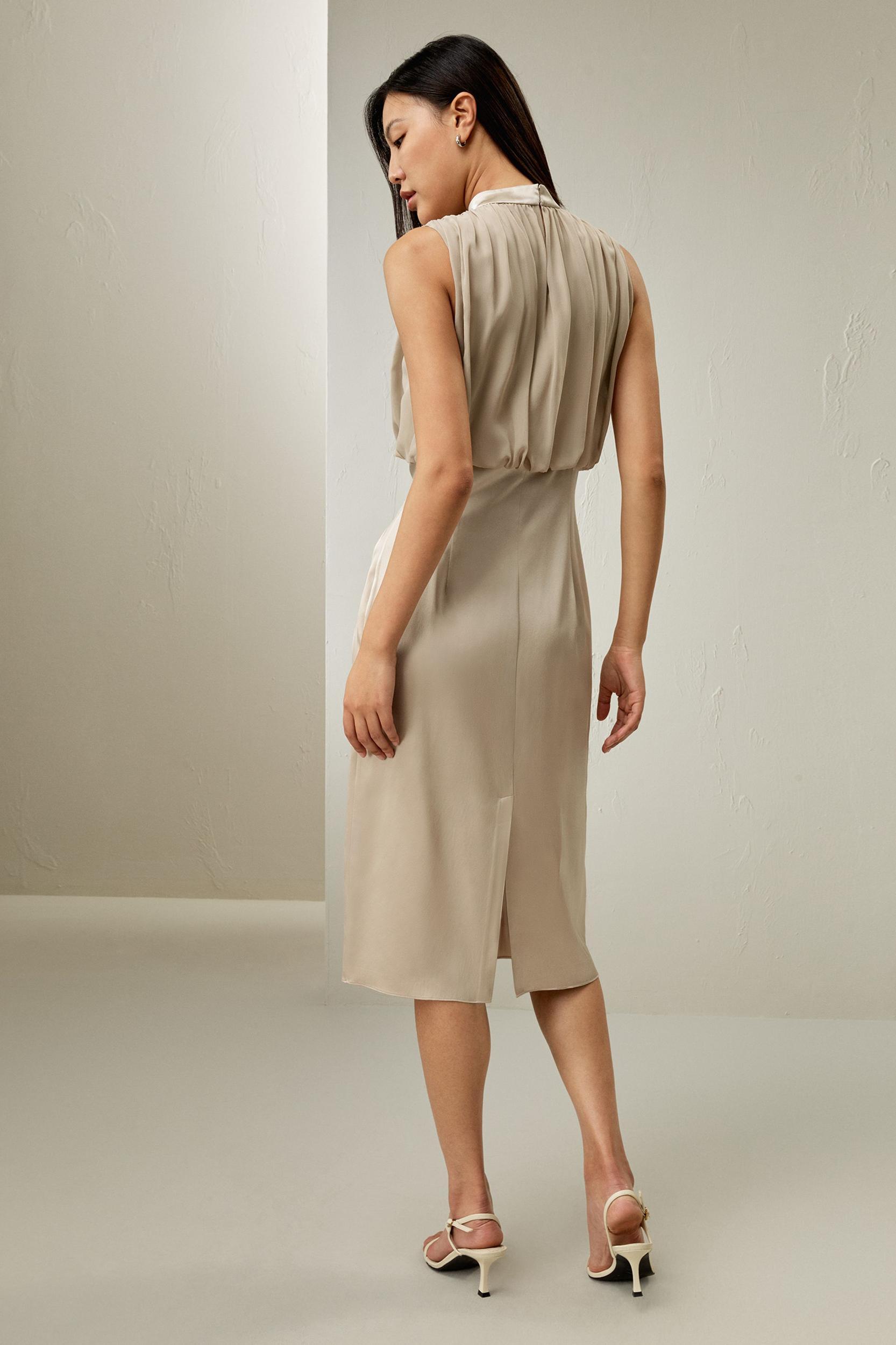 Pleated Sleeveless Midi Silk Dress Product Image