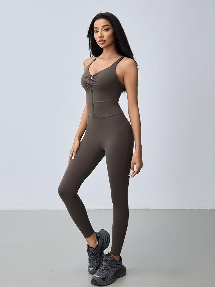 Sleeveless V-Neck Plain Ruched Zip Yoga Jumpsuit Product Image