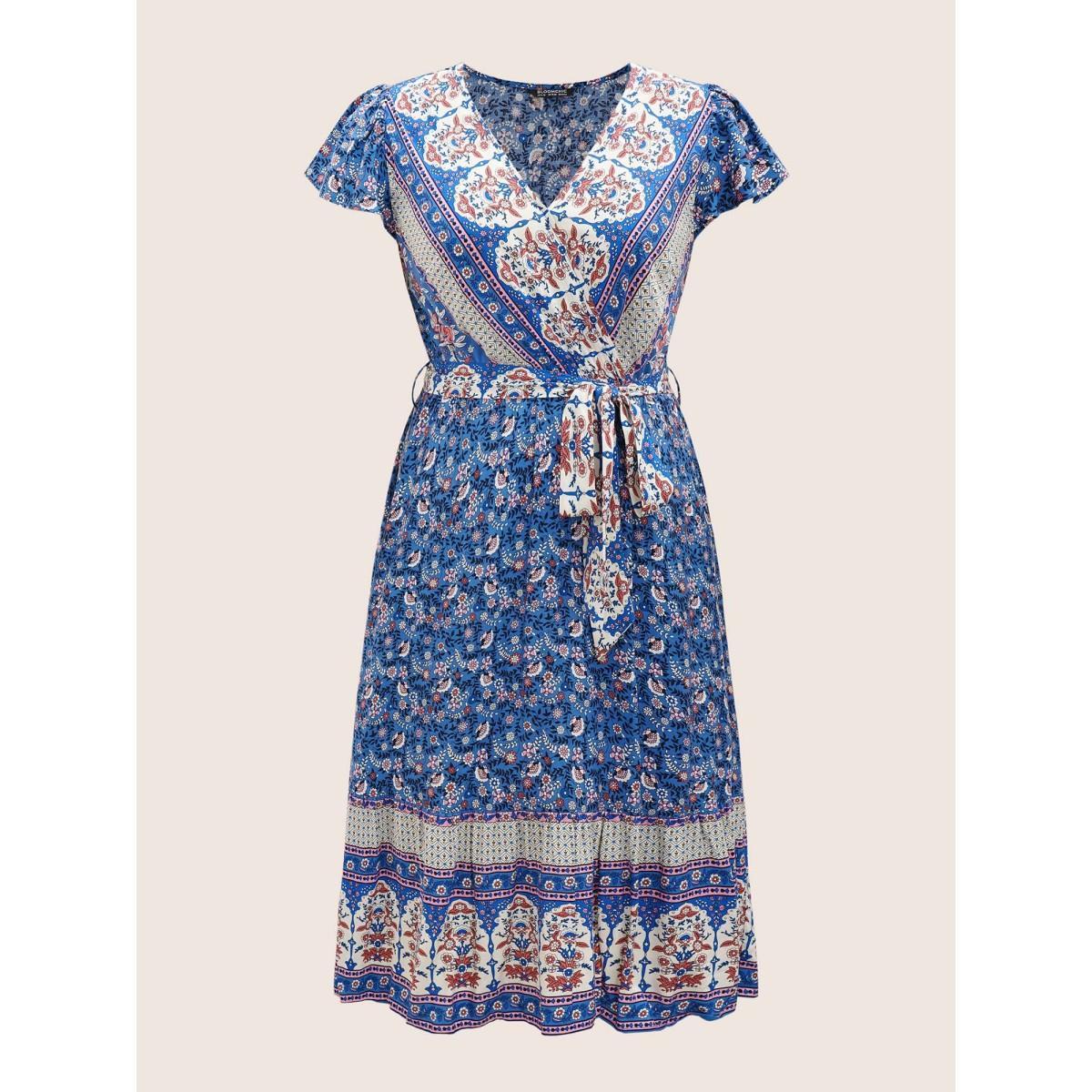 Plus Size Boho Print Surplice Neck Belted Dress Blue Women Resort Overlapping V-neck Cap Sleeve Curvy BloomChic 14-16/1X Product Image