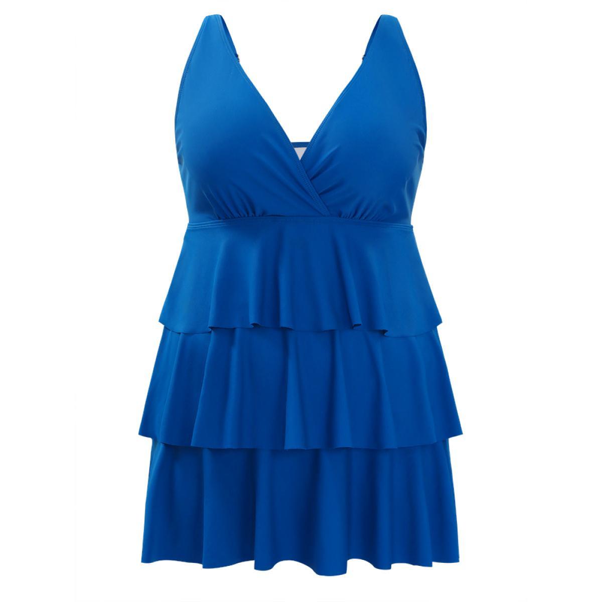 Plus Size Adjustable Straps Wrap Sculpt Waist Ruffle Tiered Swim Dress Women's Swimwear Aegean Vacation Bodycon V-neck High stretch Curve Swim Dresses BloomChic 14-16/1X Product Image