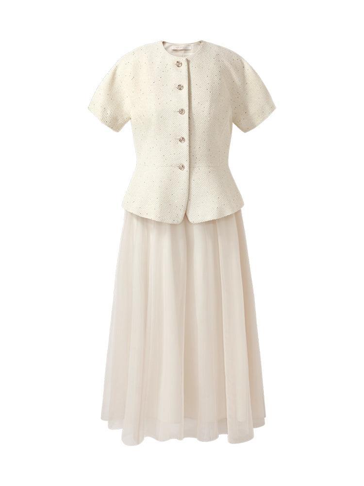 Tweed Sequins Short Sleeve Jacket And Mesh Skirt Two-Piece Set Product Image