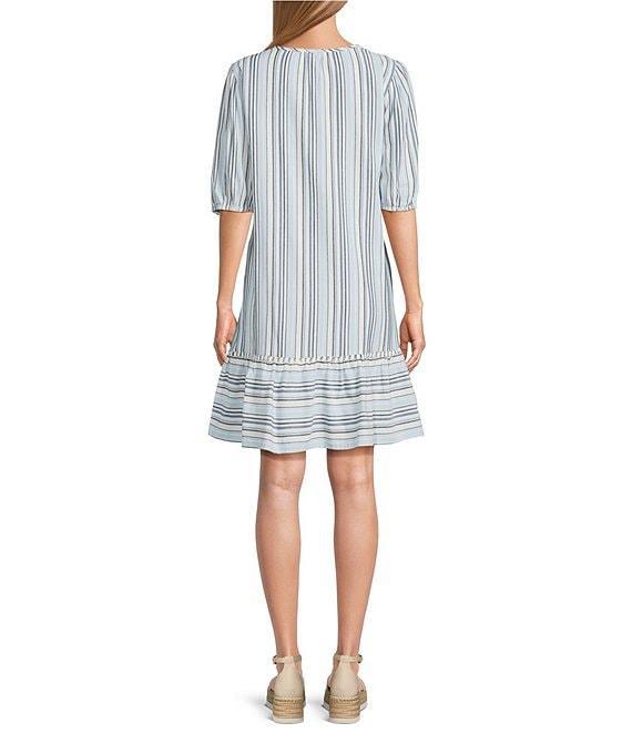 Nurture Stripe Print Elbow Sleeve V-Neck Short A-Line Dress Product Image