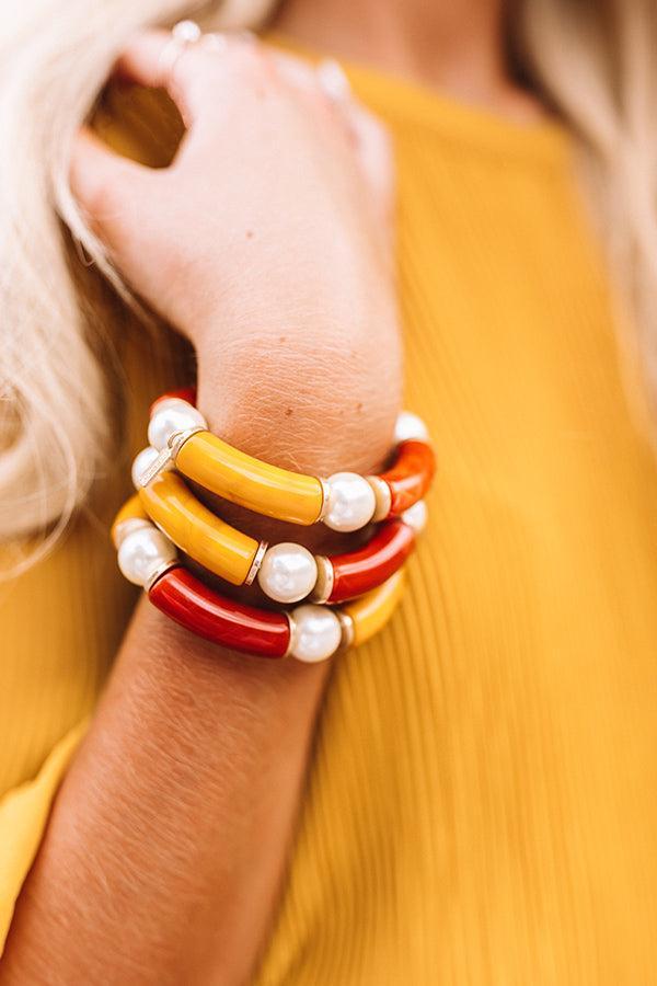 Lelani Resin Color-Block And Glass Pearl Stretch Bracelet in Rusty Caramel Product Image