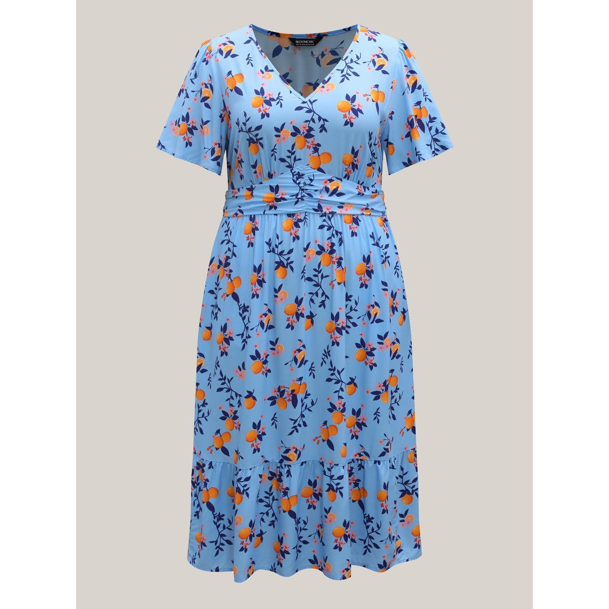 Plus Size Citrus Print Cinched-Waist Midi Dress Skyblue Women V-neck Short sleeve Curvy BloomChic 18-20/2X Product Image