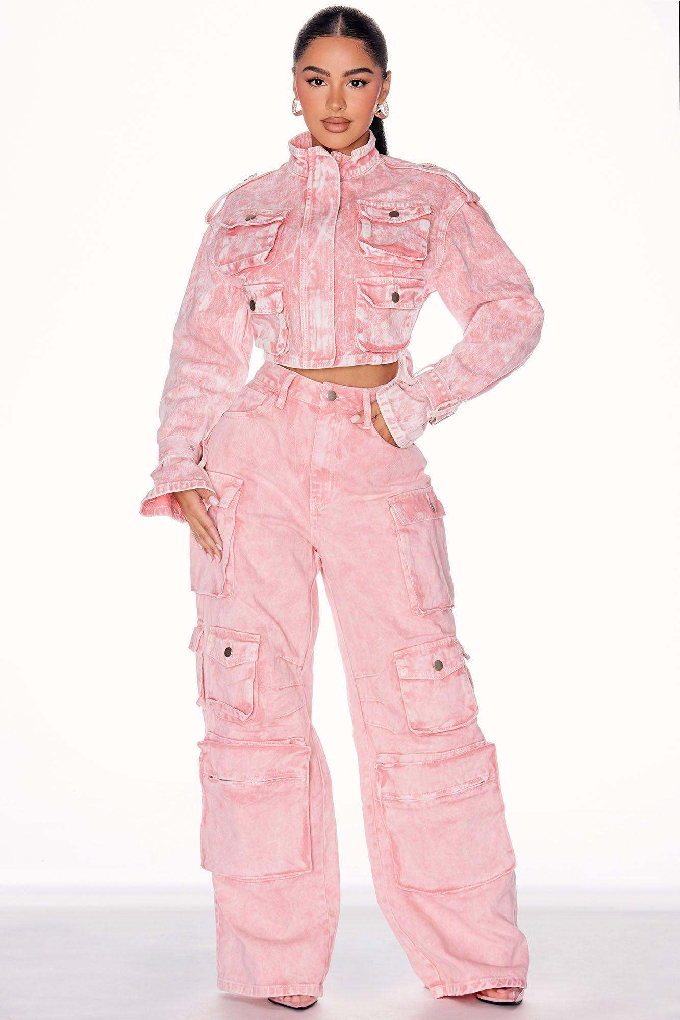 Petite Lily High Rise Cargo Jeans - Pink Product Image