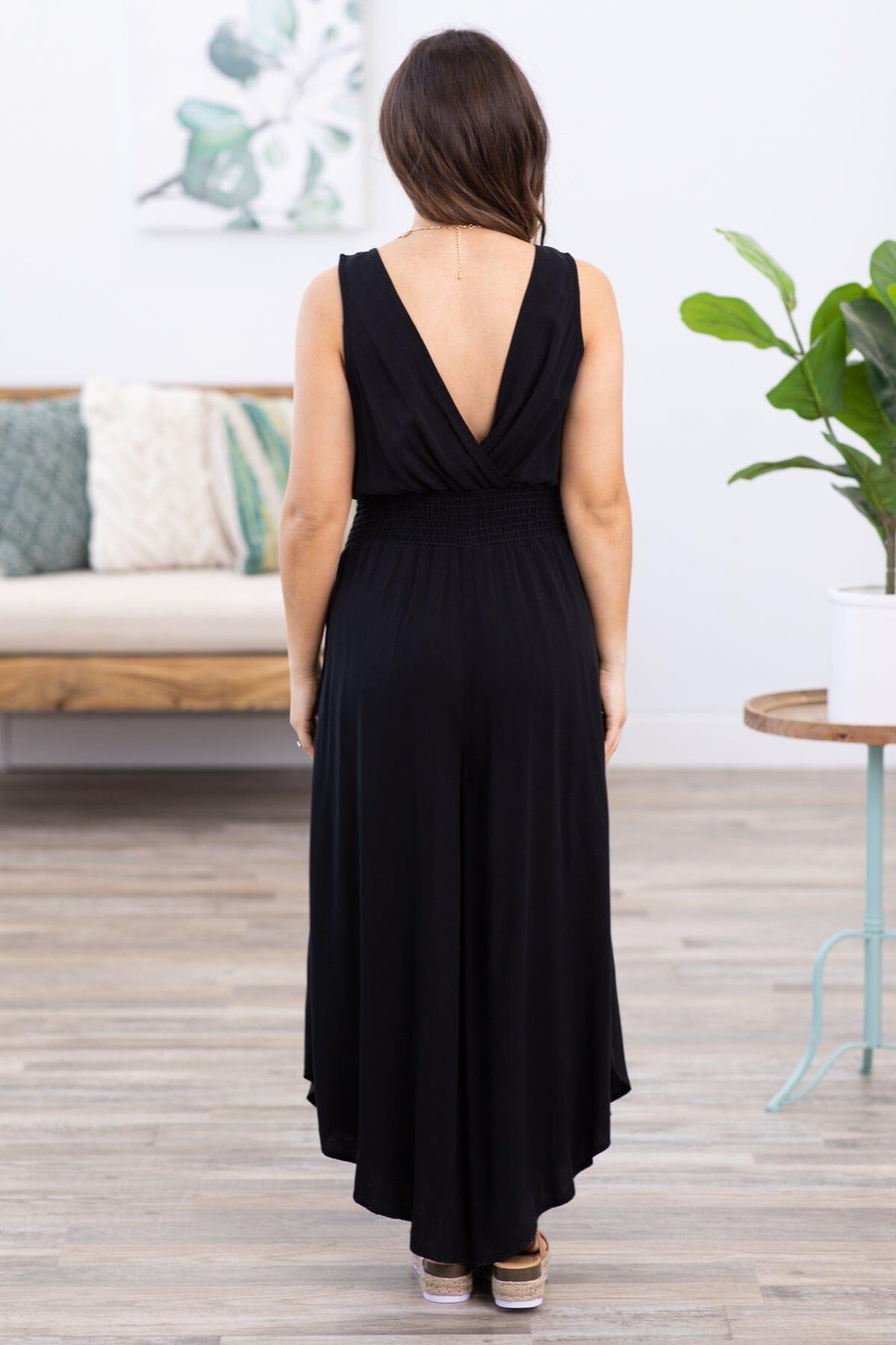 Black Surplice Front Smocked Waist Jumpsuit Product Image
