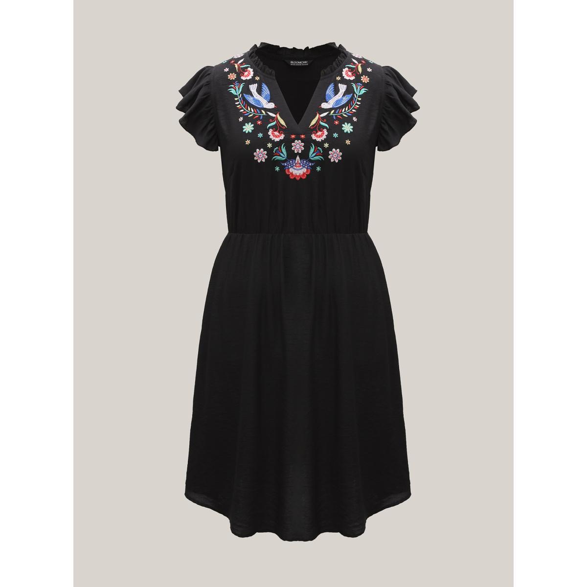 Plus Size Floral Embroidered Notched Collar Midi Dress Black Women Boho Flat collar with V-notch Cap Sleeve Curvy BloomChic 12/L Product Image