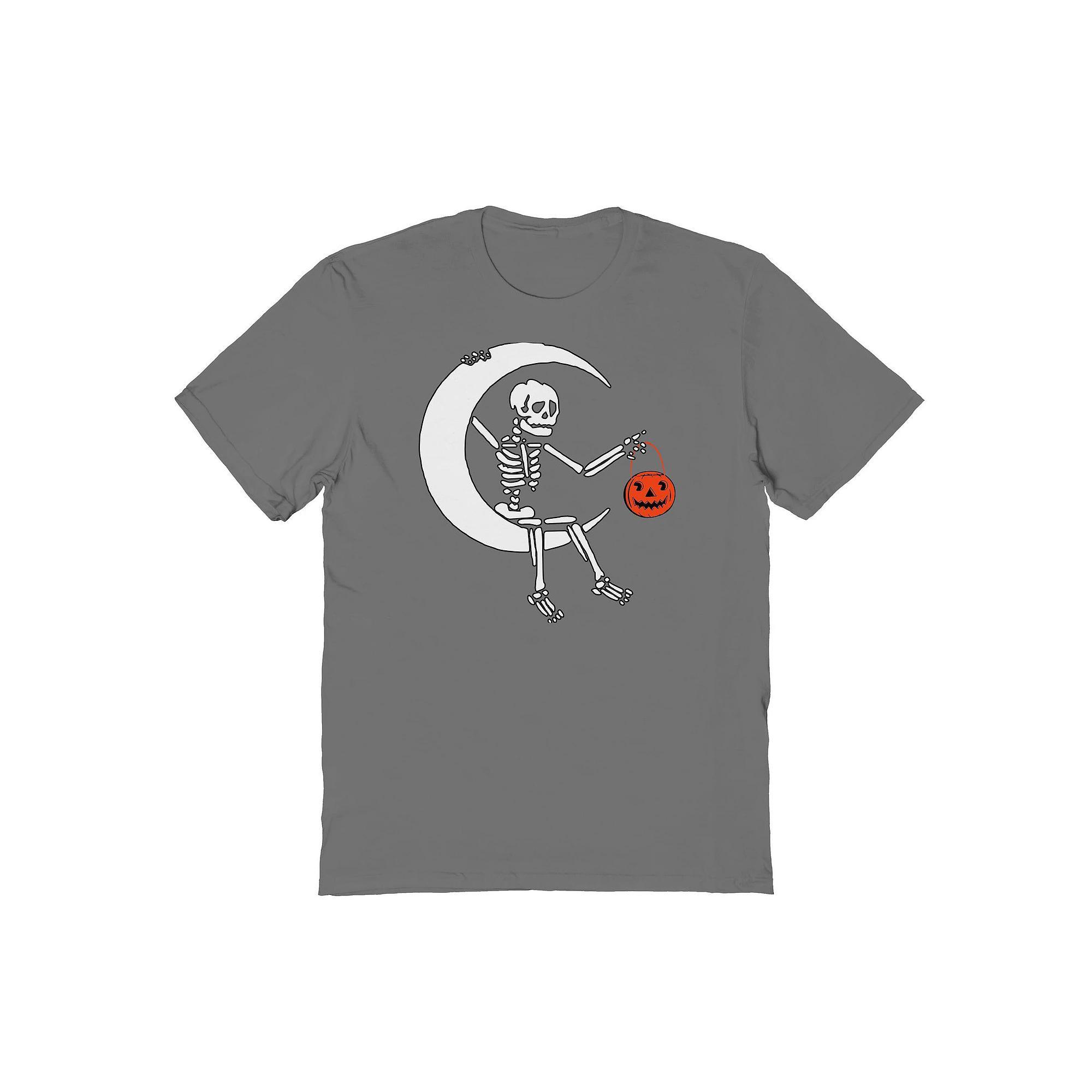 Men's Skeleton Moon White Halloween Graphic Tee, Size: Large, Grey Product Image