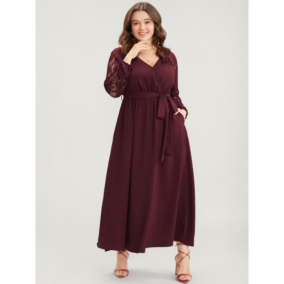 Plus Size Solid Wrap Pocket Lantern Sleeve Lace Belted Maxi Dress Burgundy Women Elegant V-neck Long Sleeve Curvy Long Dress BloomChic 28/5X Product Image