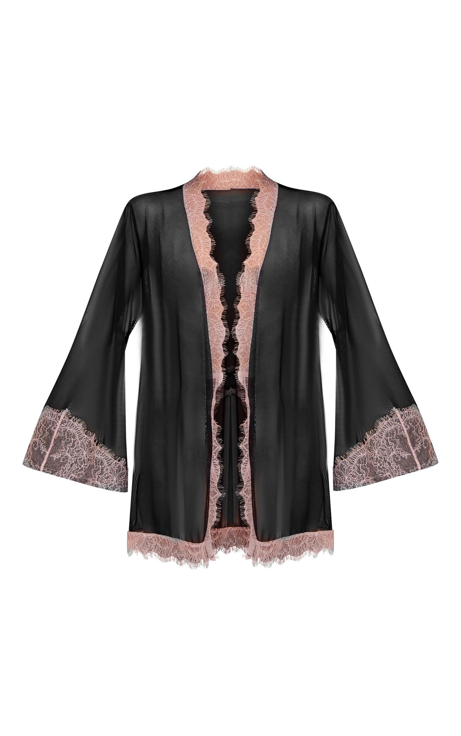 Black Mesh Contrast Eyelash Lace Robe Product Image