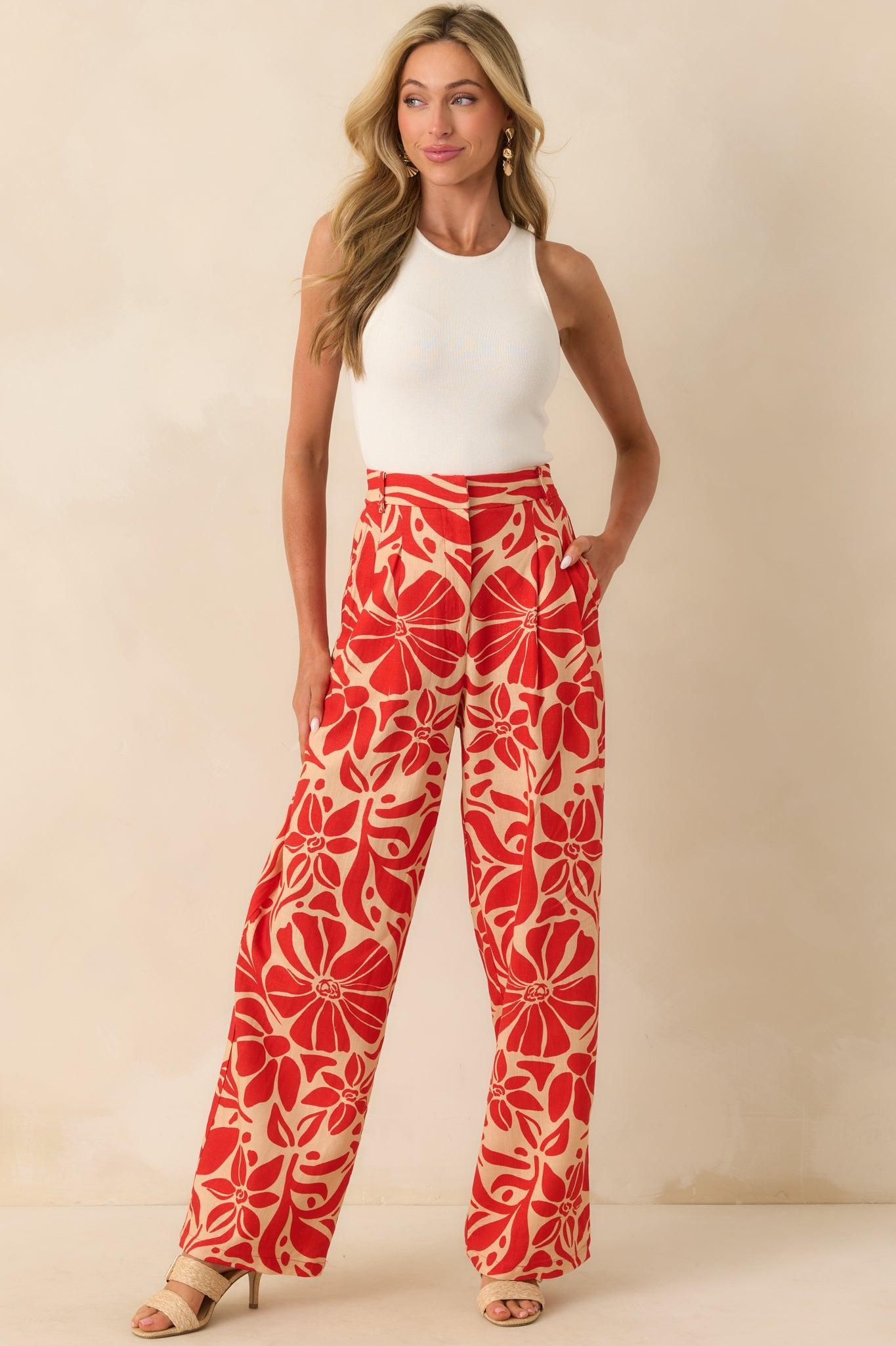 Aylaya Red Floral Print Linen Blend Key West Pants Product Image