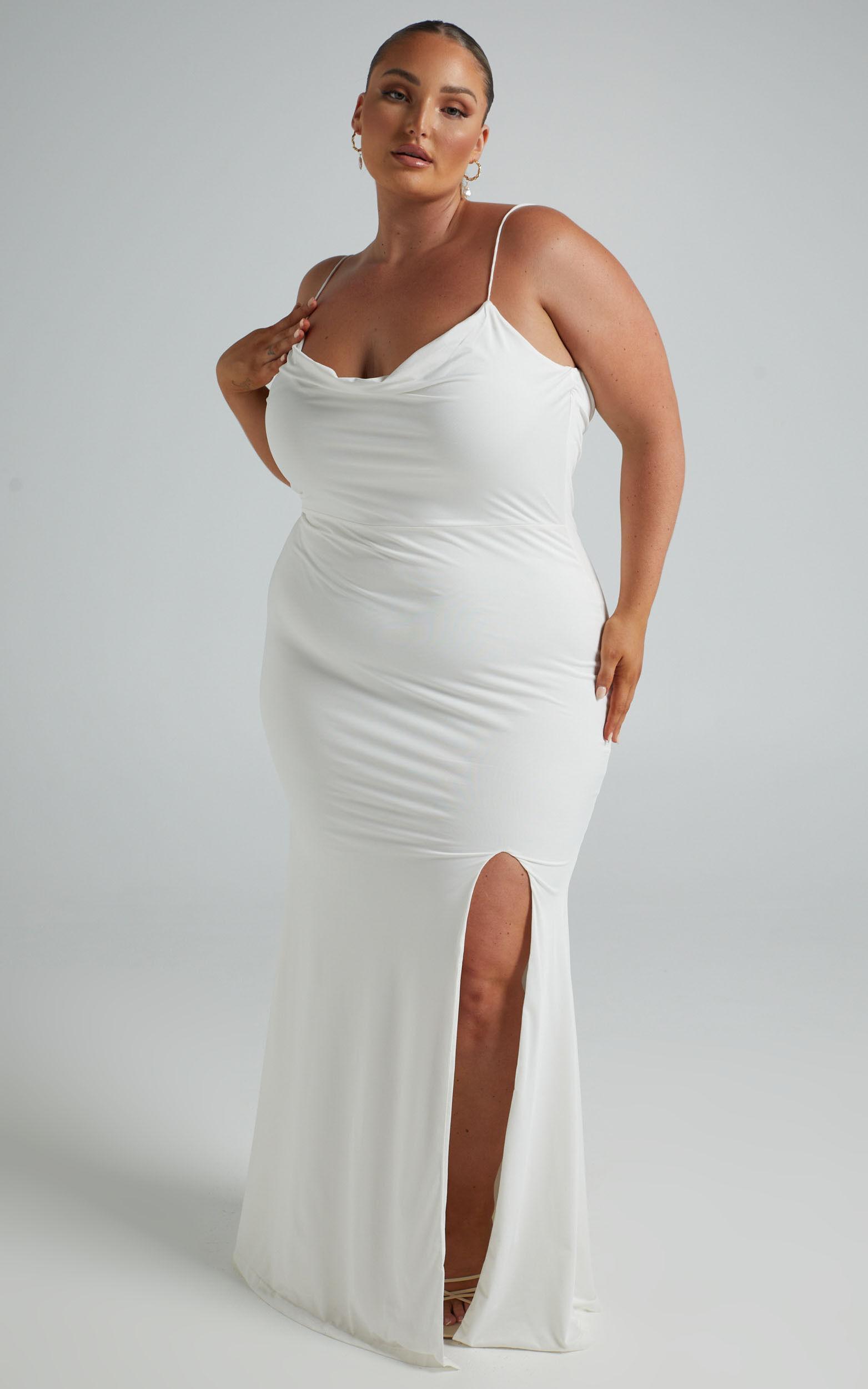 Tasteful Midi Dress - Cowl Neck Bodycon Thigh Split Dress in White Product Image