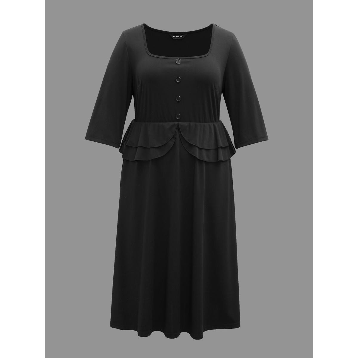 Plus Size Ruffle Trim Button Front Midi Dress Black Women At the Office Button Square Neck Elbow-length sleeve Curvy BloomChic 14-16/1X Product Image