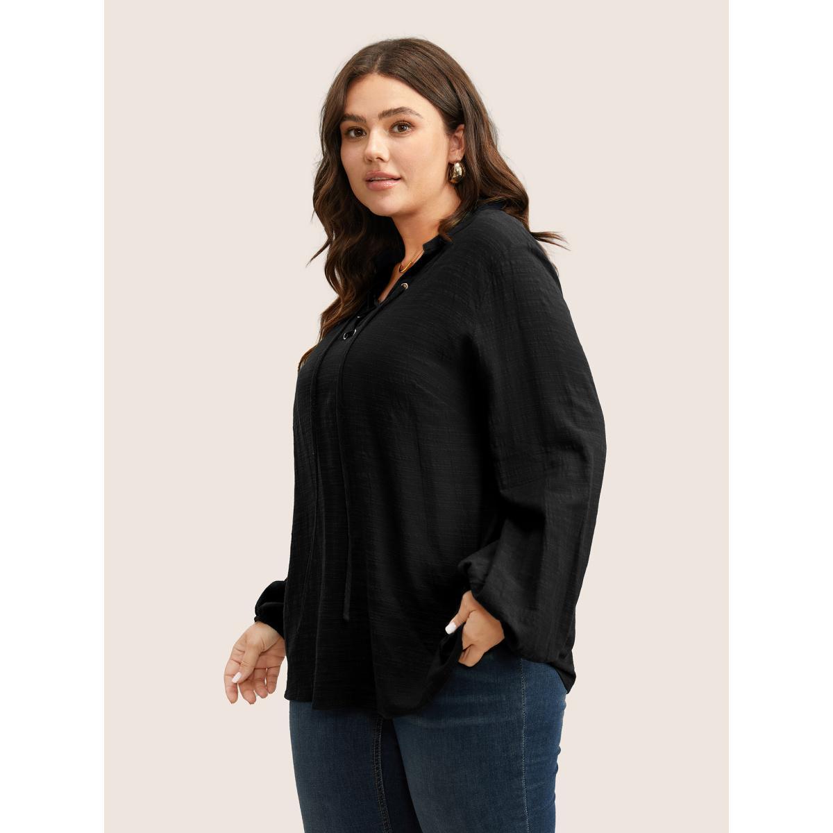 Plus Size Black Plain Lace Up Lantern Sleeve Blouse Women Casual Long Sleeve Shirt collar Everyday Blouses BloomChic 26/4X Product Image