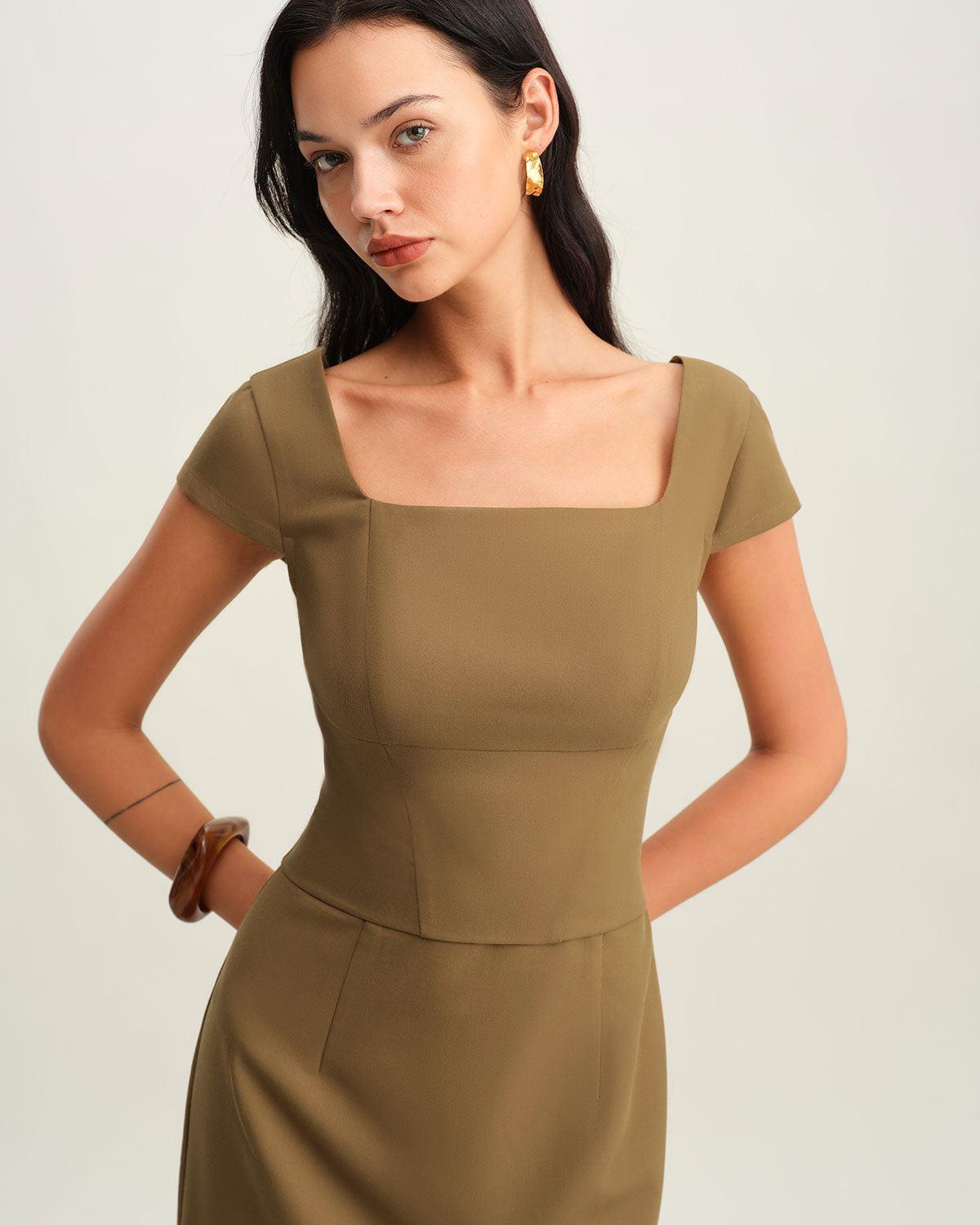 Brown Square Neck Cap Sleeve Mini Dress Product Image