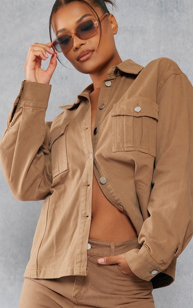 Taupe Oversized Utility Pocket Denim Shirt Product Image