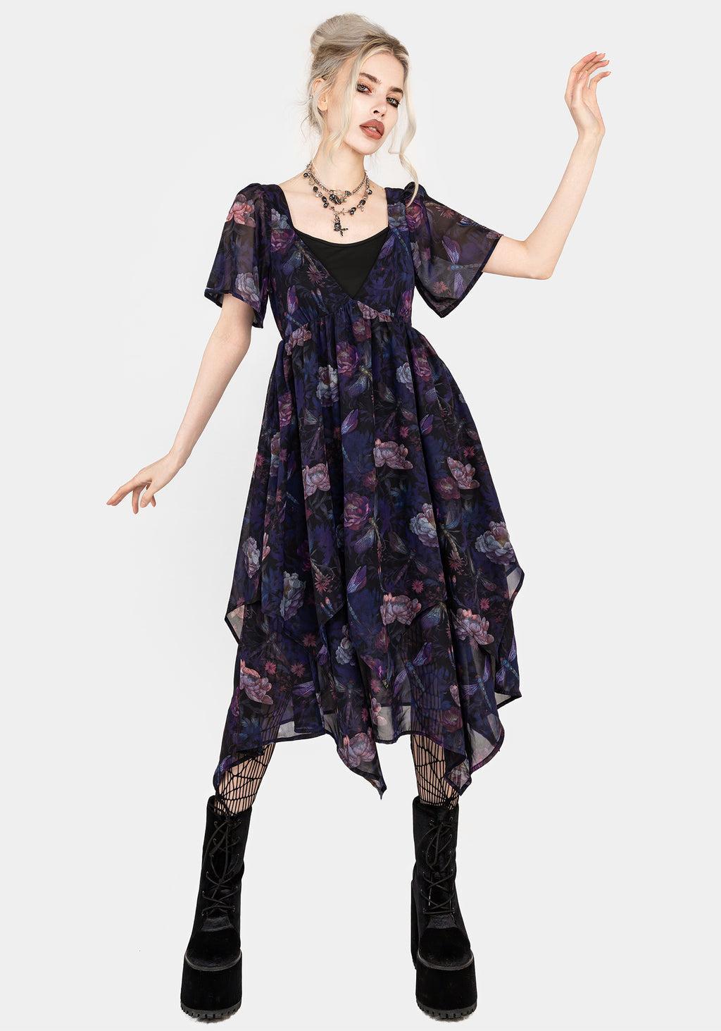 Dragonfly Floral Print Chiffon Handkerchief Hem Dress Product Image