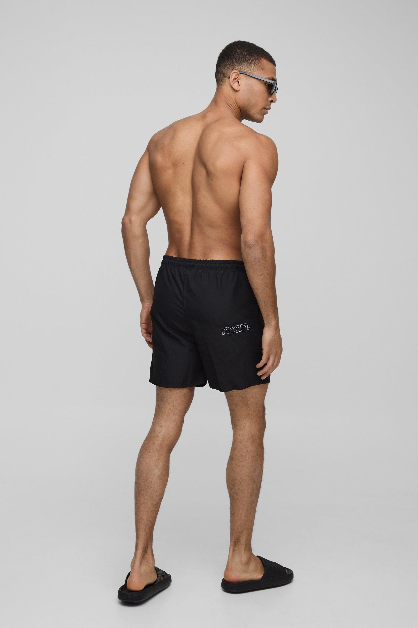 Man Embroidered Mid Length Swim Trunks | boohooMAN USA Product Image