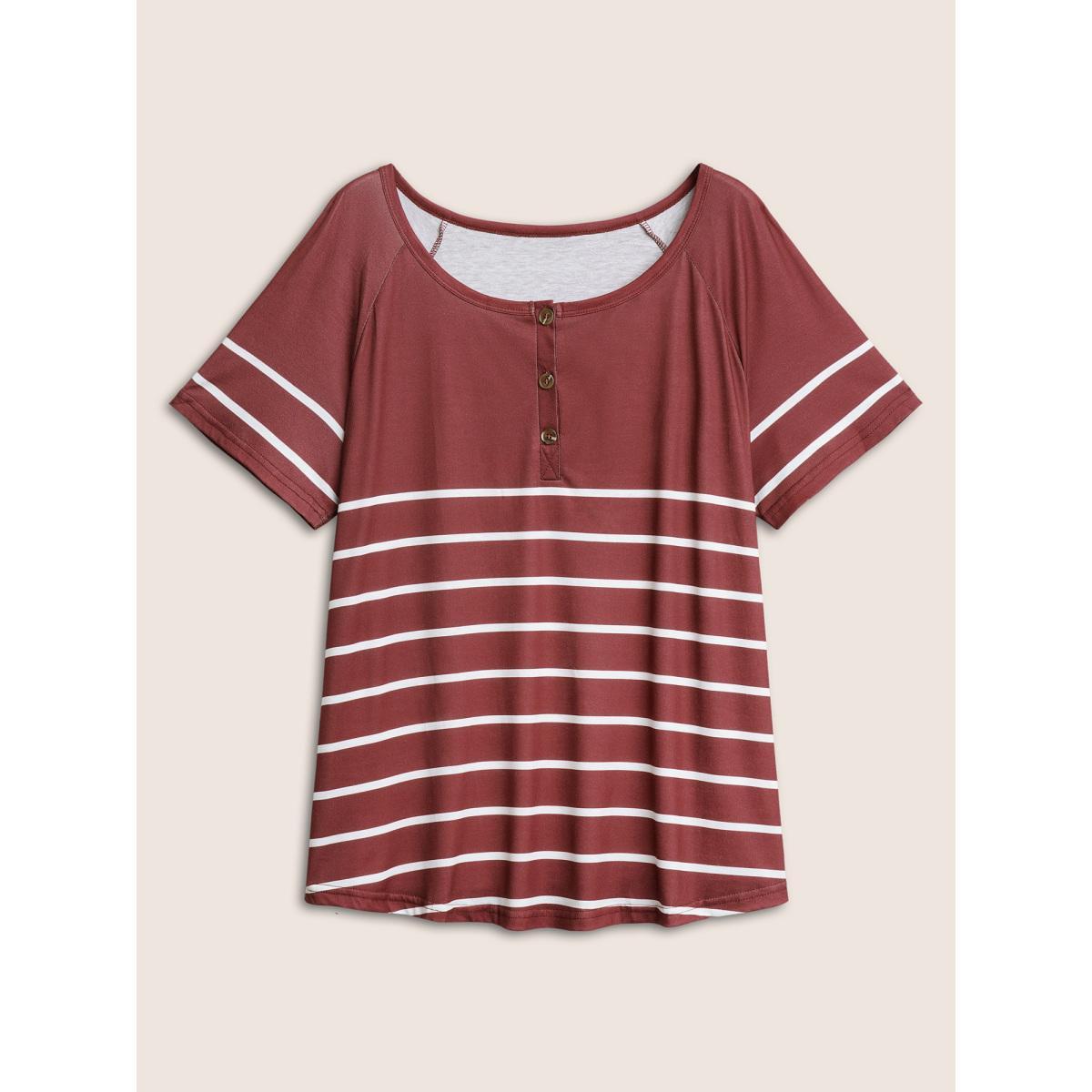 Plus Size Striped Print Raglan Sleeve Button Up T-shirt Burgundy Women Casual Contrast Striped Round Neck Everyday T-shirts BloomChic 26/4X Product Image