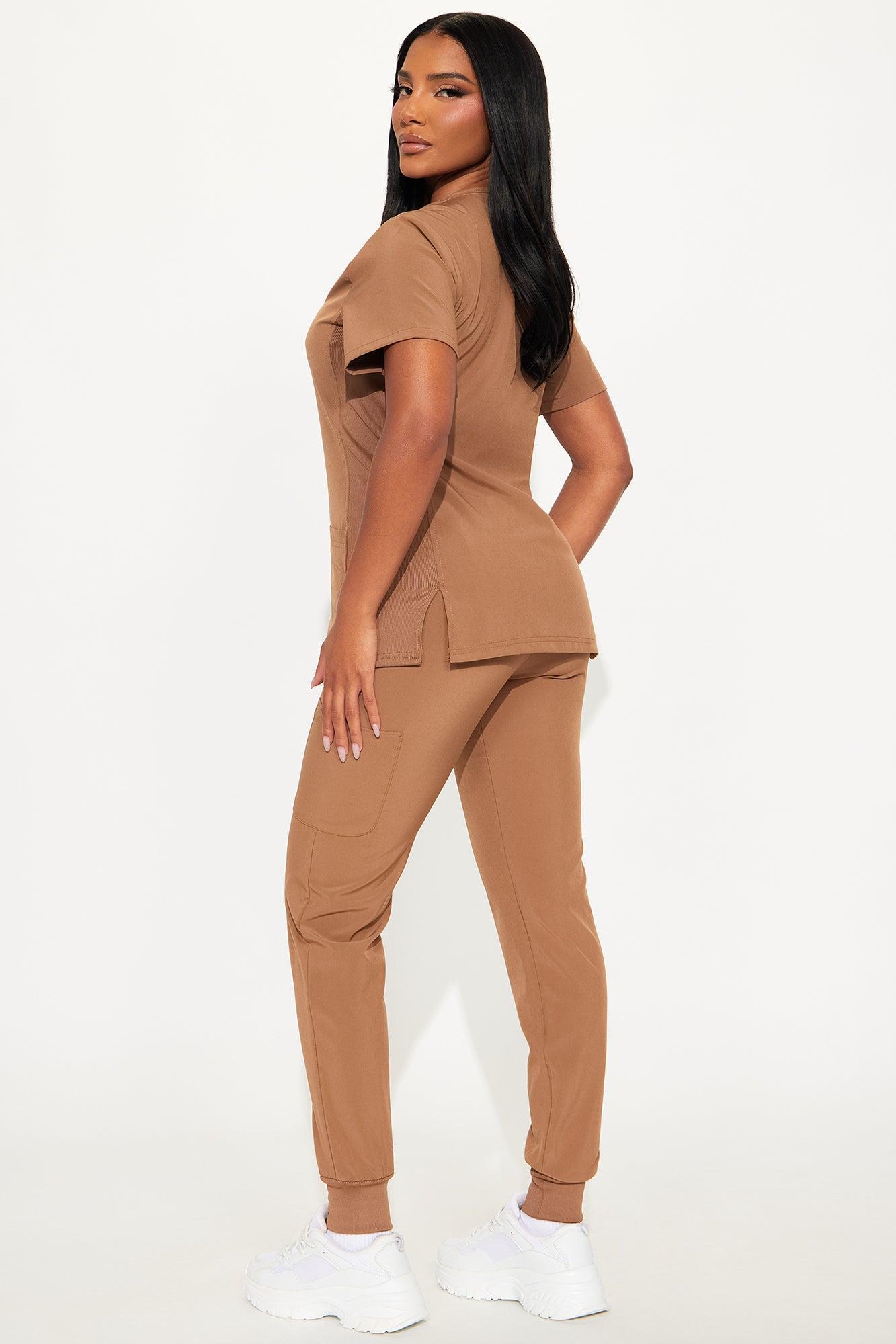 Check Up Side Rib Stretch Uniform Scrub Jogger Set - Chocolate Female Product Image